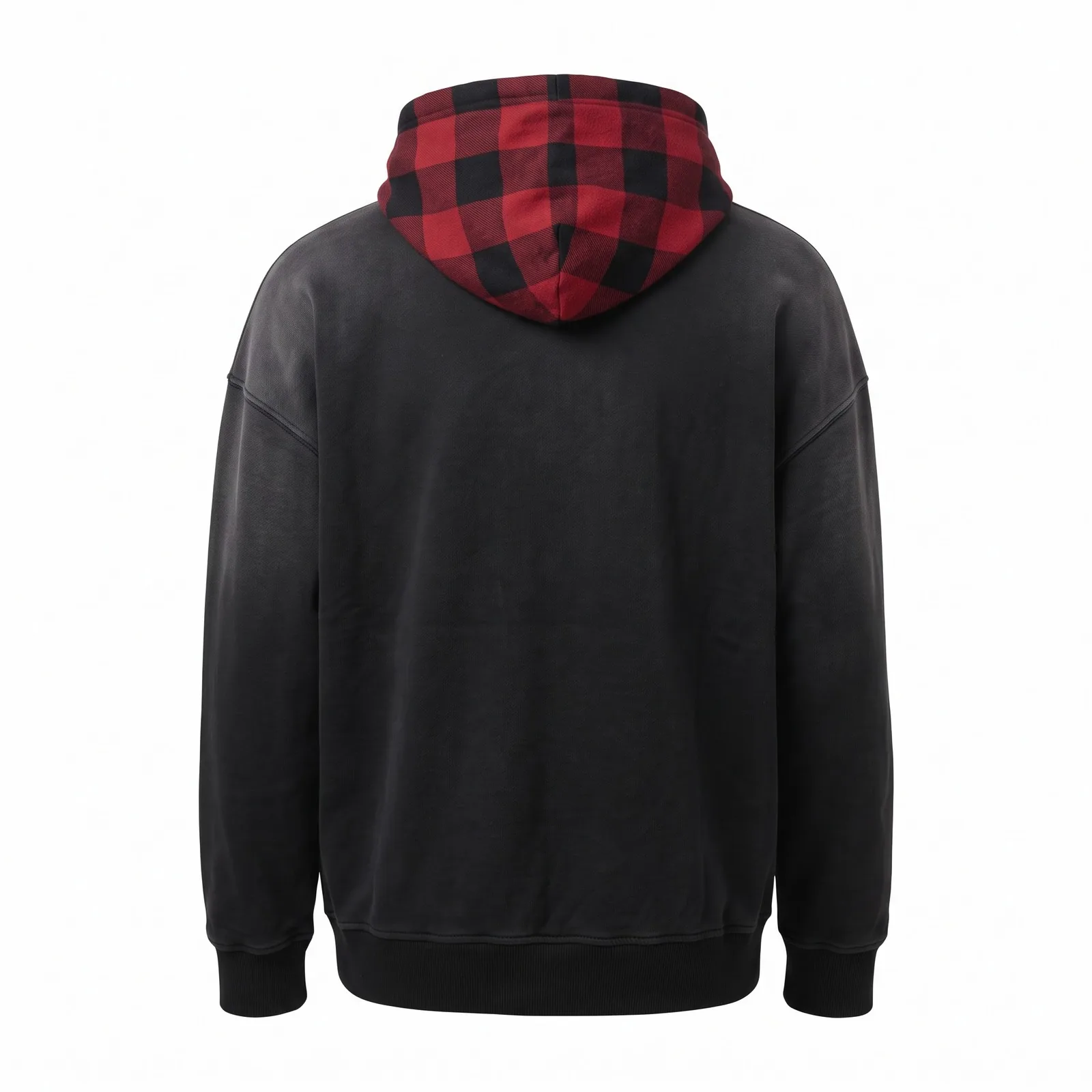 Custom Sun Faded Hoodie Plaid Flannel Hood 400 GSM Heavyweight Drop Shoulder Streetwear Hoodie OEM Wholesale — back view
