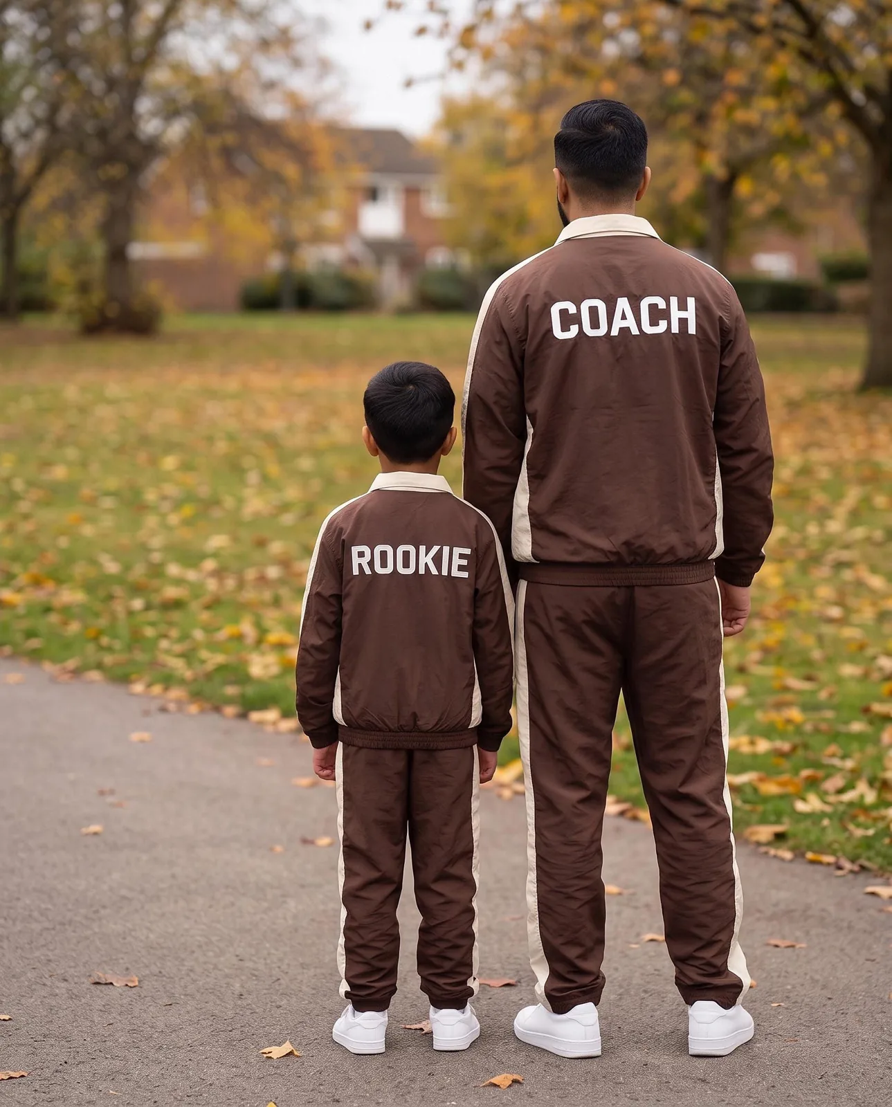 Brown and Cream Father Son Matching Windbreaker Set, Custom OEM Family Matching Tracksuit, Wholesale Manufacturer — back view