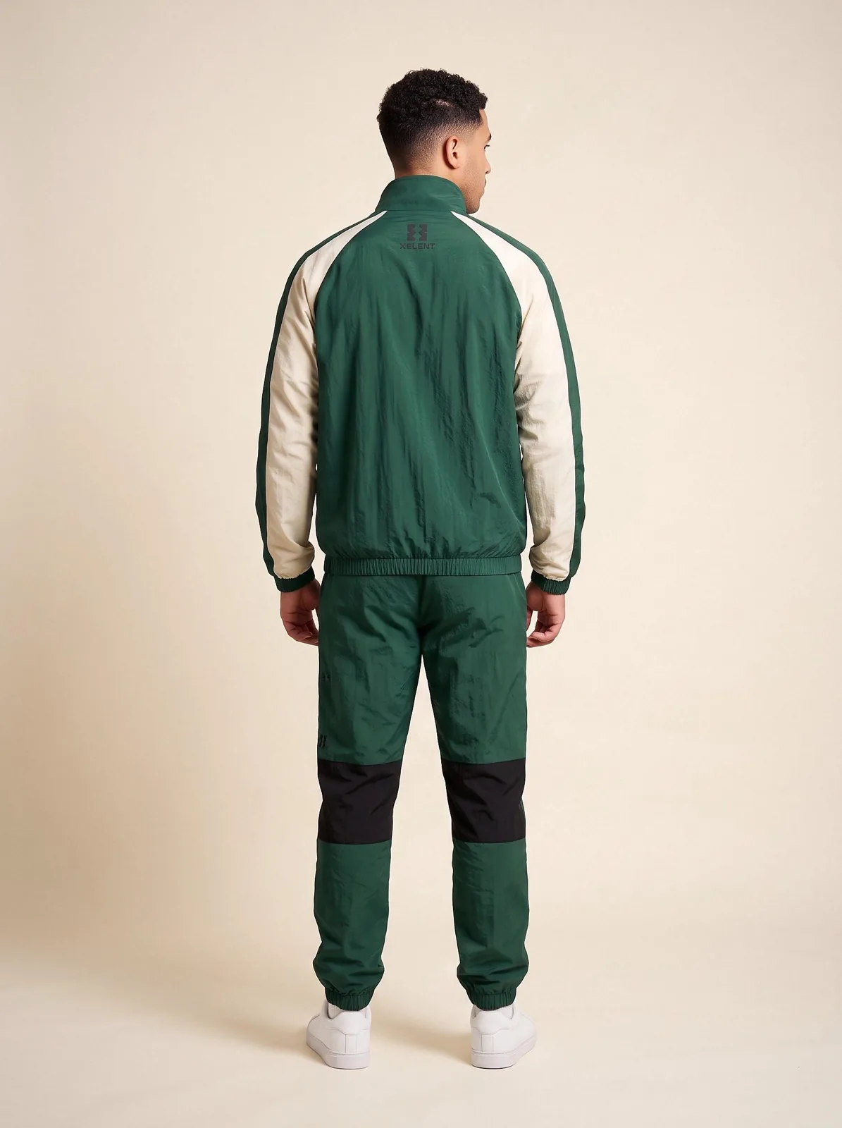 Racing Green and Cream Windbreaker Set, Custom Logo OEM Nylon Jacket and Pants Tracksuit, Unisex Manufacturer — back view