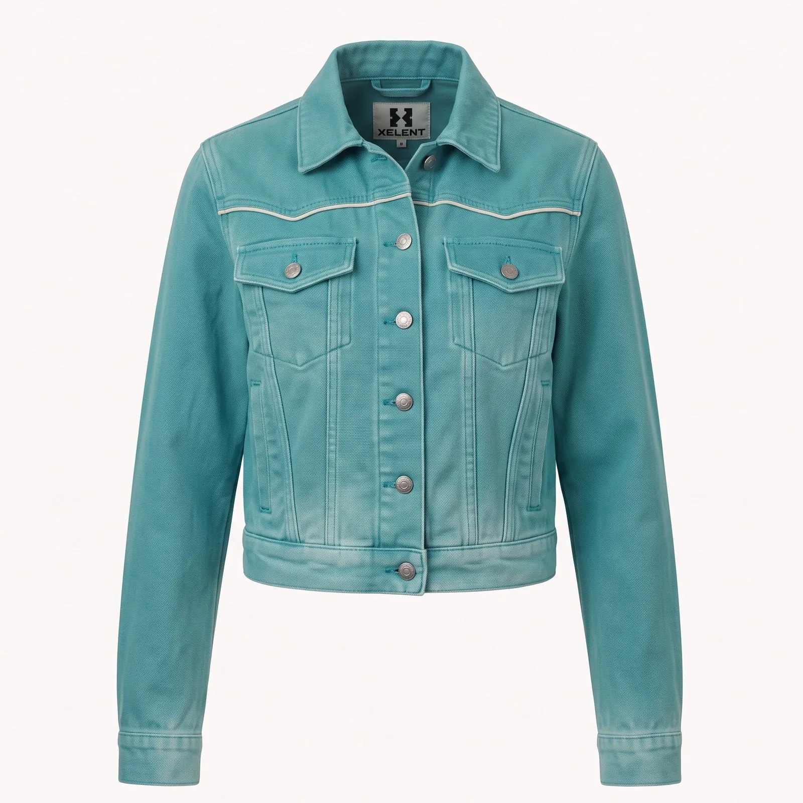 Custom Women Cropped Trucker Jacket Washed Duck Canvas Piped Yoke Felt Star Western Jacket OEM Wholesale — front view