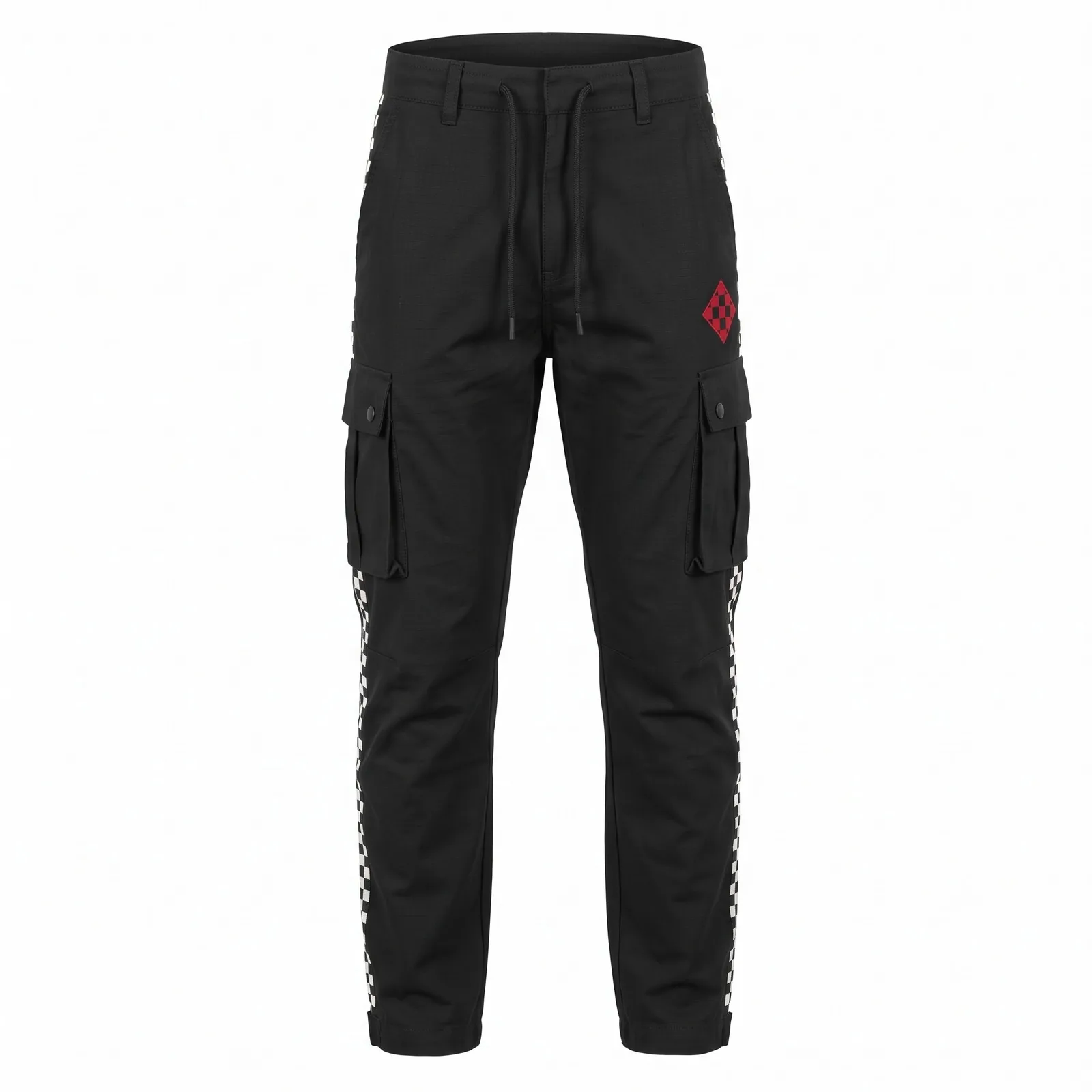 Custom Cargo Pants Streetwear Chequered Side Tape Cotton Ripstop Bellows Pocket Racing Cargos OEM Wholesale — front view