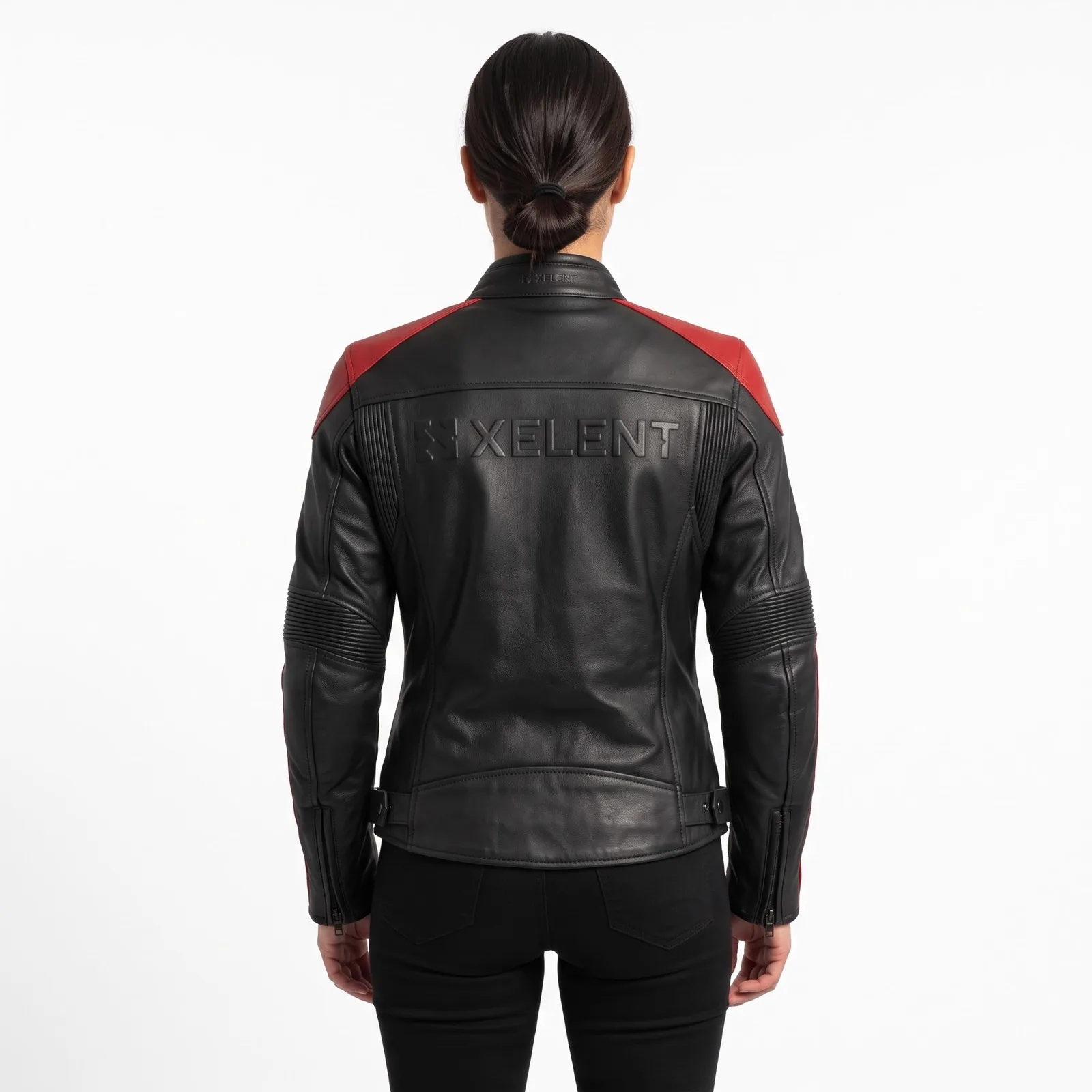 Women Motorcycle Leather Jacket Cowhide Fitted Stretch Panels Armour Pockets Riding Jacket Custom Logo OEM — back view