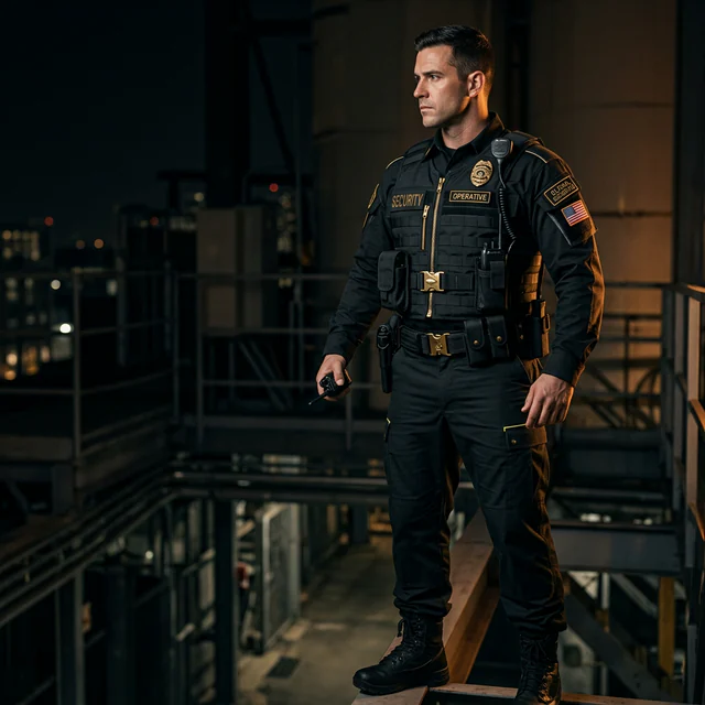 Modern security uniform design presentation with cleaner tactical garments, cargo pants, softshell, and hi-vis outer layer options