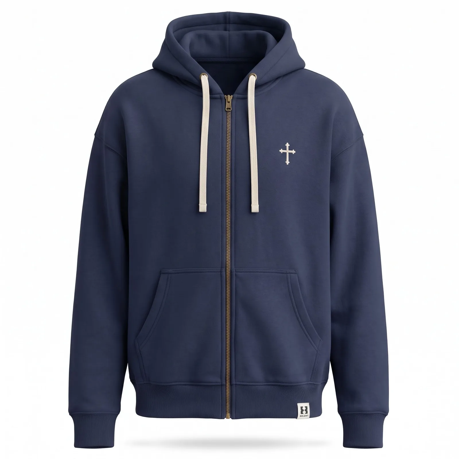 Custom Zip Up Hoodie 380 GSM Washed Navy Fleece Embroidered Olive Wreath Church Merch Hoodie OEM Wholesale — front view