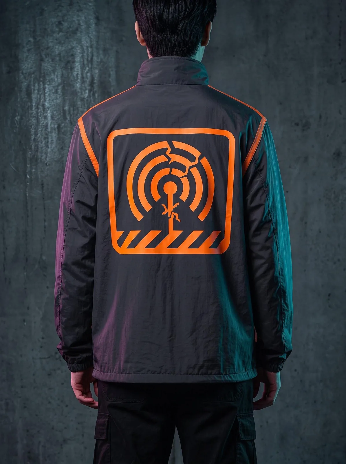 Charcoal Techwear Windbreaker, Hazard Orange Taped Seams, Custom OEM Oversized Nylon Jacket, Unisex Streetwear Manufacturer — back view
