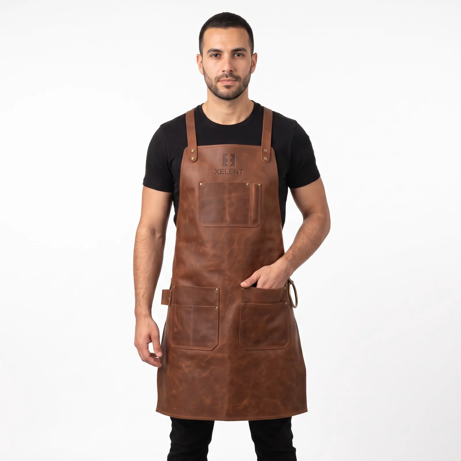 Full-Grain Maker's Woodworking Apron Cowhide Leather Pockets Custom Logo OEM Wholesale — front view