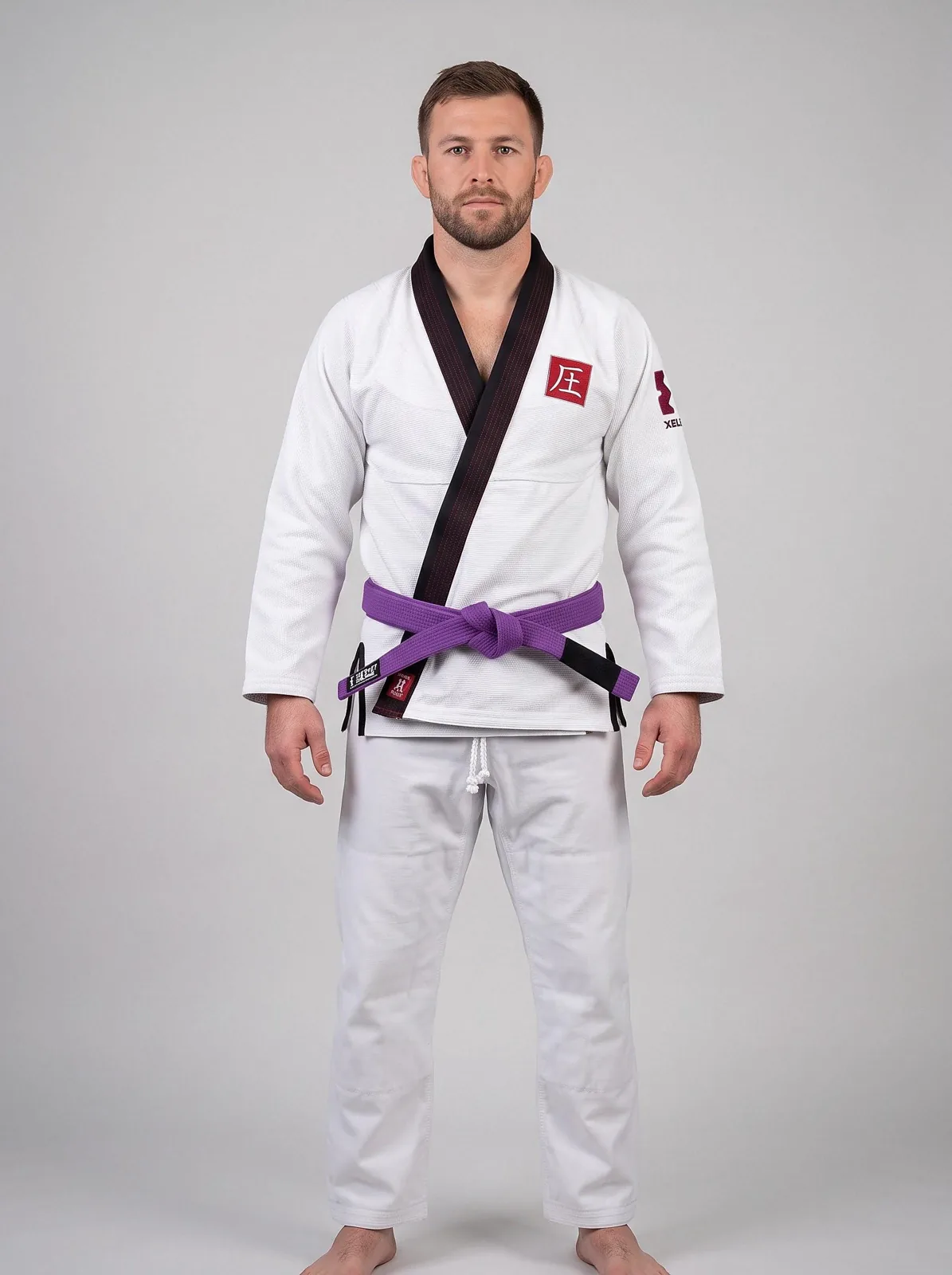 White BJJ Gi, Oni Mask Embroidery, Custom OEM 450 GSM Pearl Weave Jiu Jitsu Kimono, Wholesale Manufacturer — front view