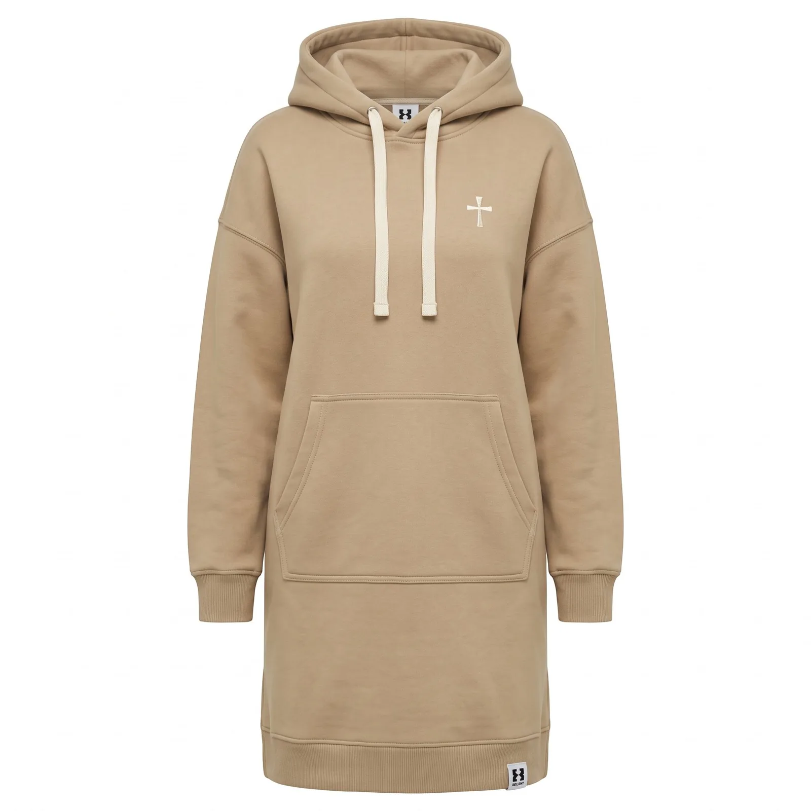 Custom Women Oversized Hoodie Dress 360 GSM Washed Fleece Knee Length Embroidered Cross OEM Wholesale — front view