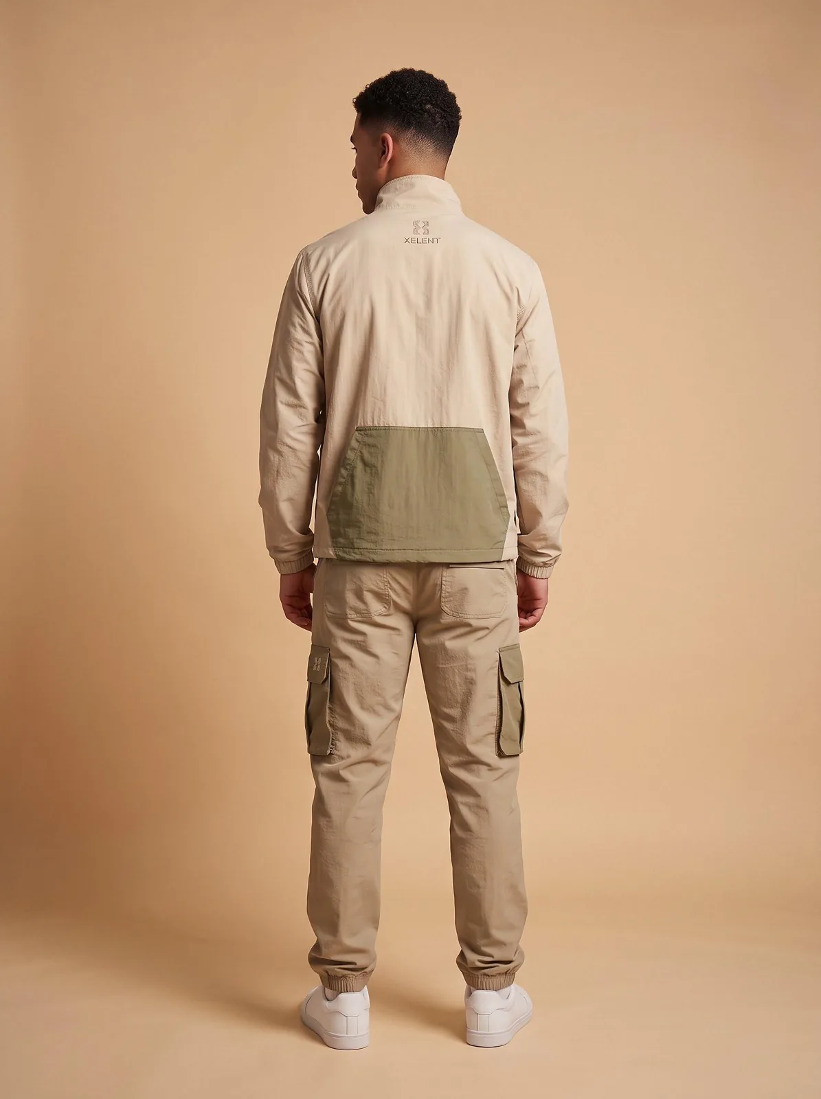 Sand and Khaki Windbreaker Set, Custom Logo OEM Nylon Jacket and Pants Tracksuit, Unisex Manufacturer — back view
