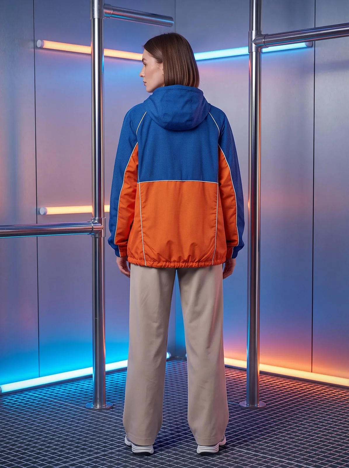Royal Blue and Blaze Orange Bubble Hem Anorak, Half Zip Windbreaker, Y2K Jacket, Custom Logo OEM Ripstop Anorak — back view