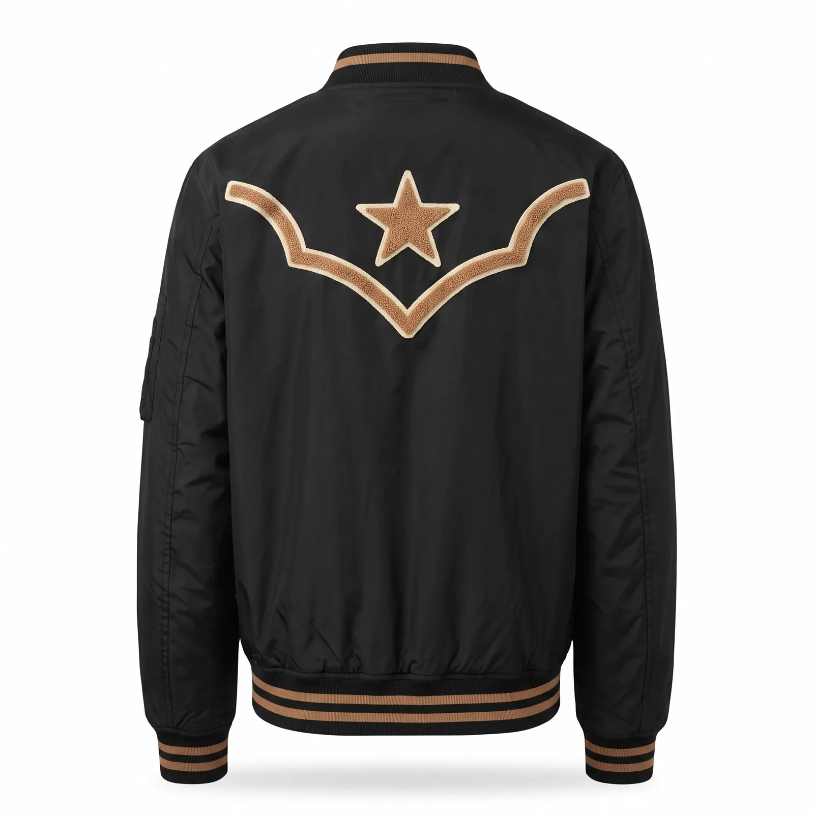 Custom Nylon Bomber Jacket Chenille Patch Horseshoe Satin Lined Rodeo Western Streetwear Jacket OEM Wholesale — back view