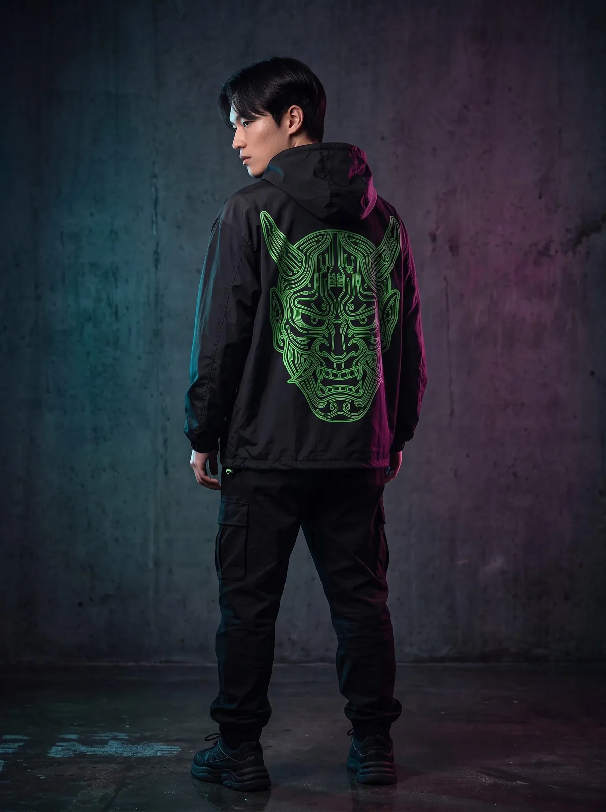 Black Cyberpunk Windbreaker, Custom OEM Oversized Nylon Jacket, Unisex Streetwear Manufacturer — back view