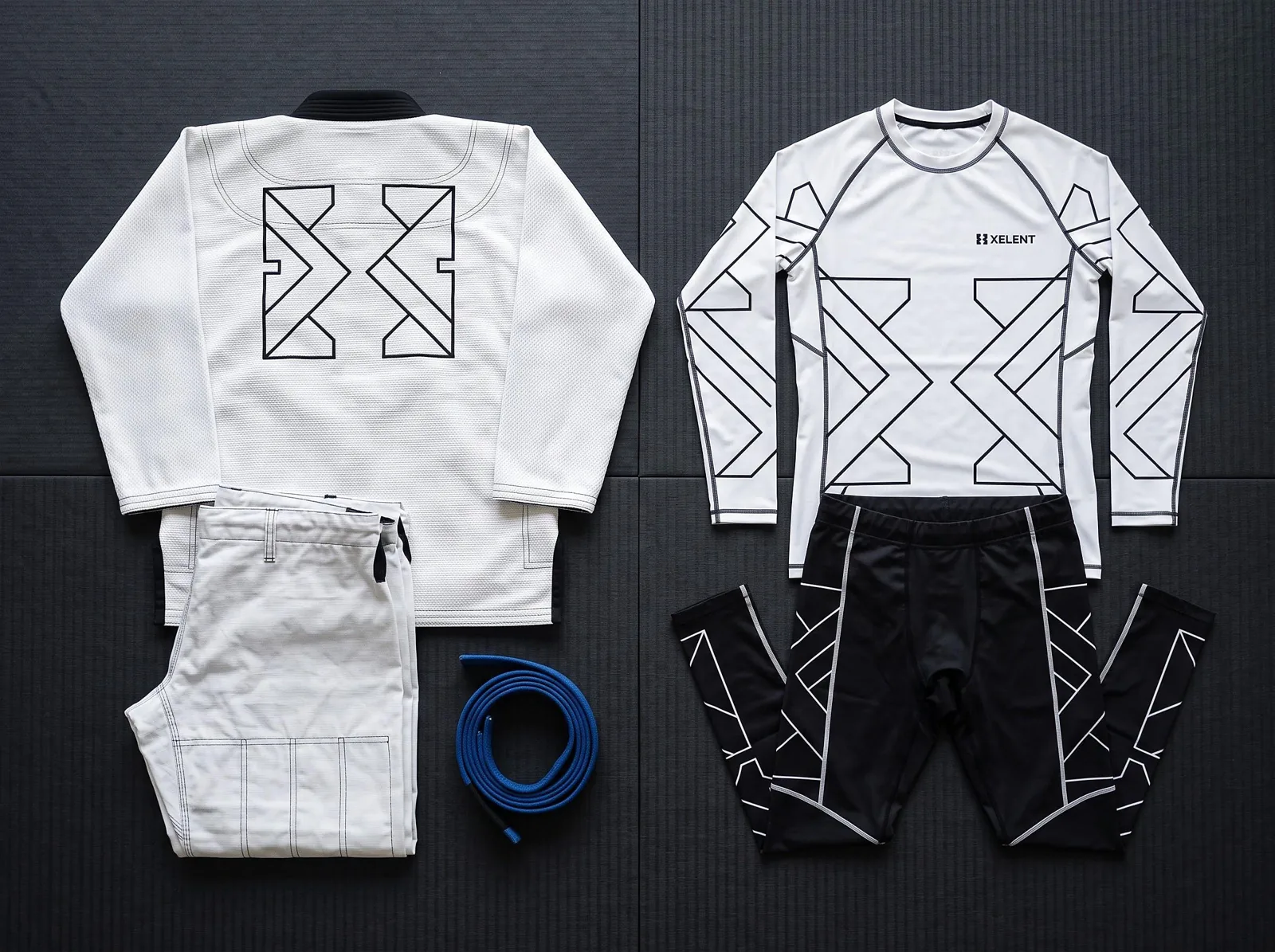 White and Black Lapel BJJ Gi and No Gi Set, Custom OEM Embroidered Gi plus Sublimated Rashguard and Spats, Wholesale — front view
