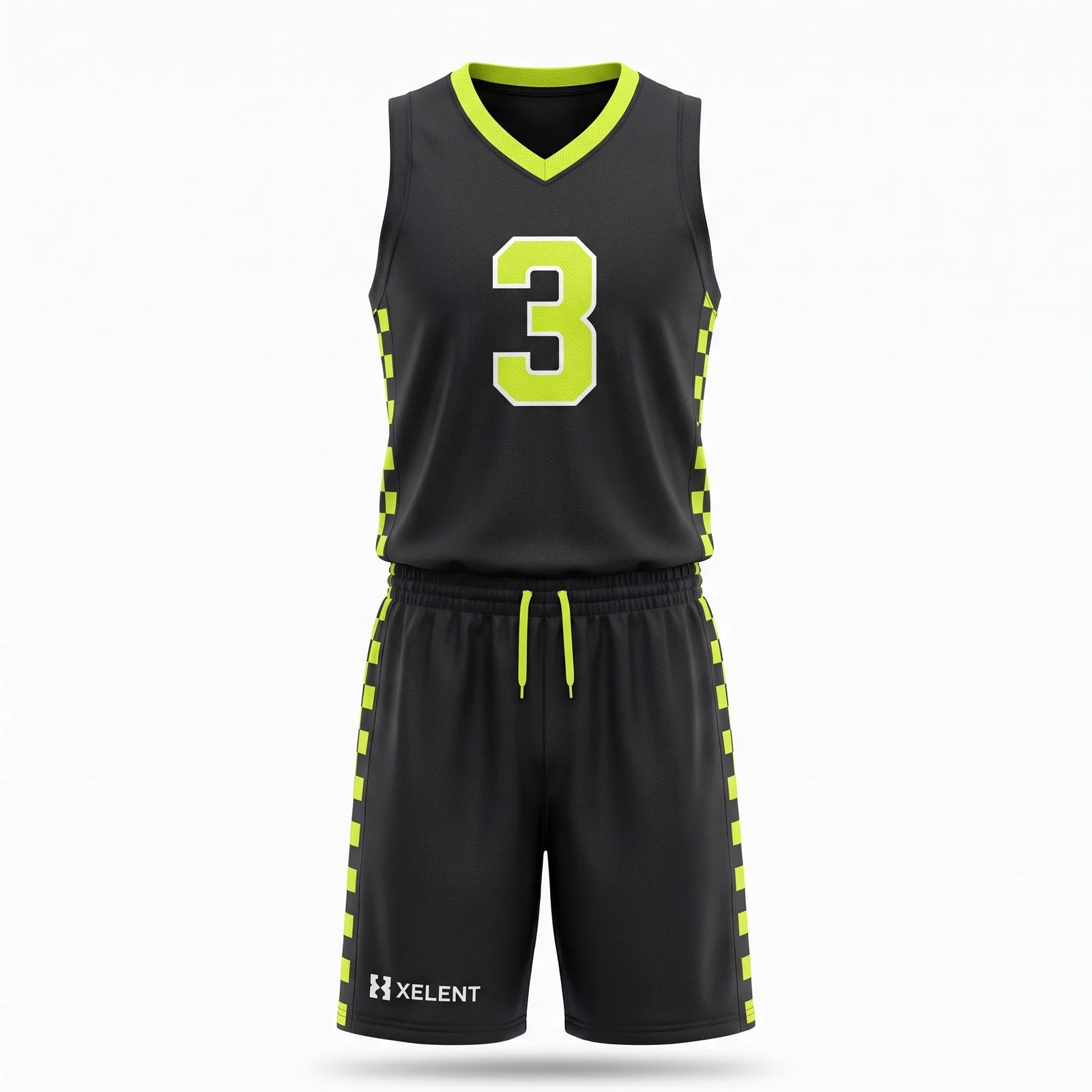 Custom Basketball Uniform Set Checker Panel Sublimated Team Jersey and Shorts OEM — front view