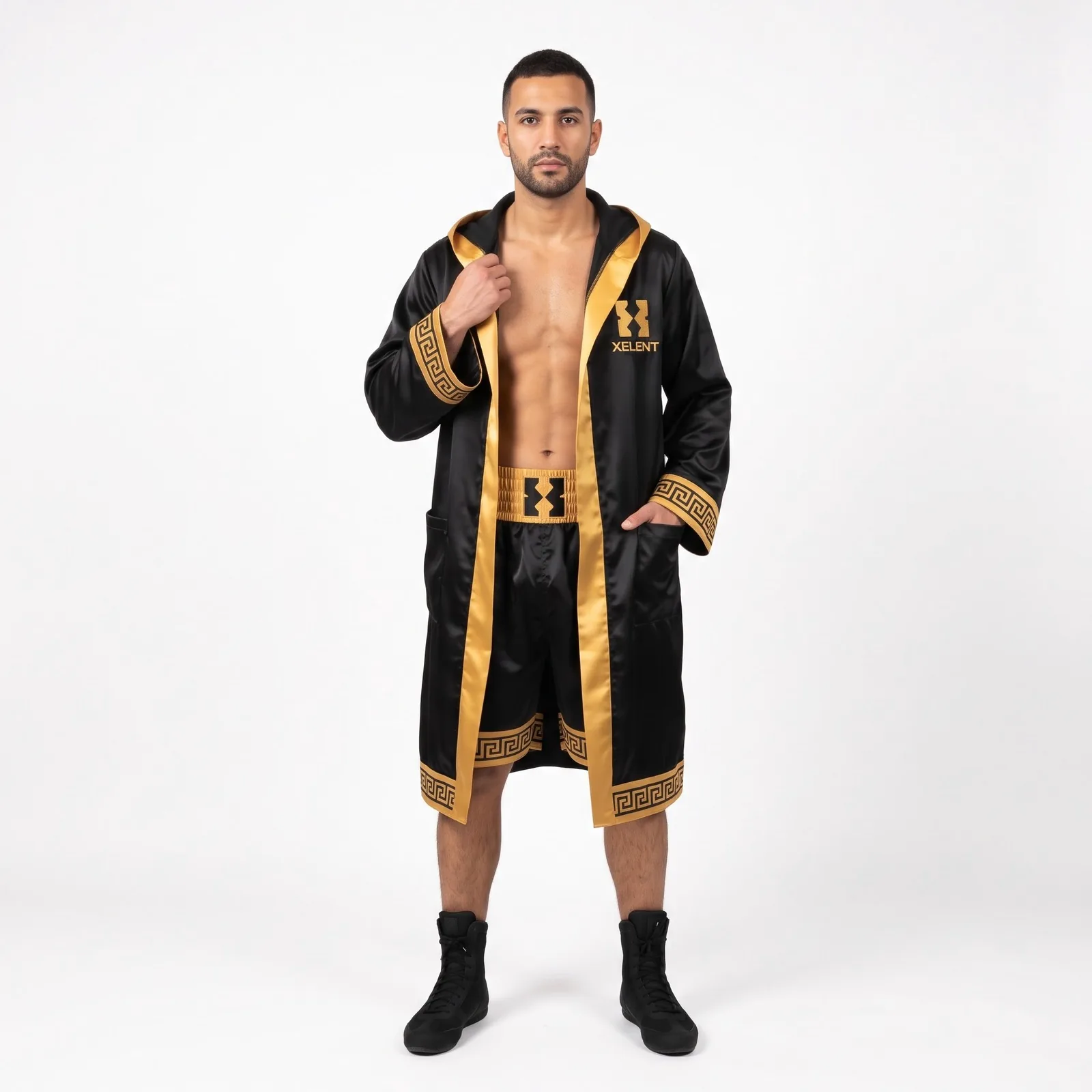 Custom Boxing Fight Kit Polyester Sublimated Hooded Embroidered Custom Logo OEM Wholesale — front view