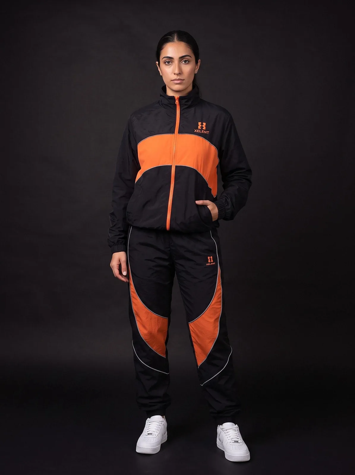 Black and Orange Windbreaker Set, Custom Logo OEM Nylon Jacket and Pants Tracksuit, Unisex Manufacturer — front view