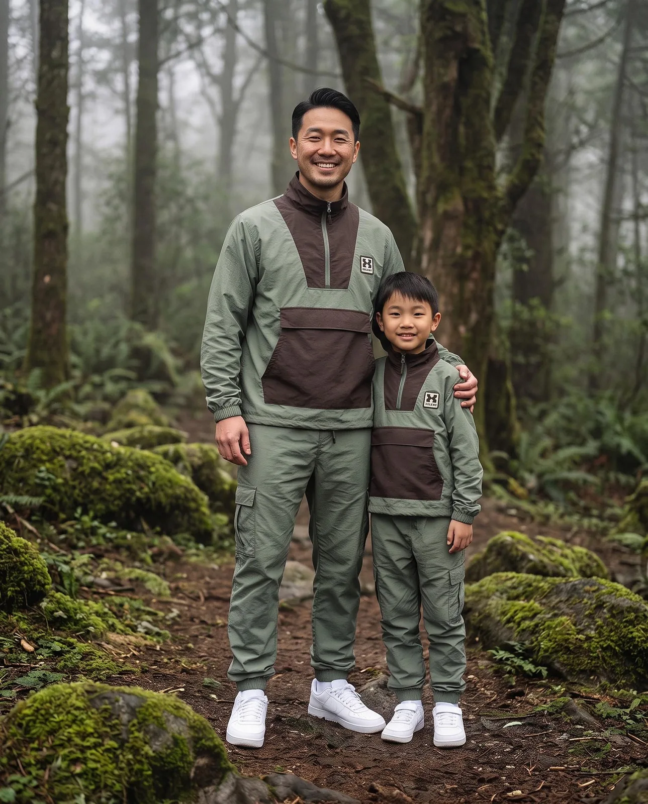 Sage and Brown Father Son Matching Windbreaker Set, Custom OEM Family Matching Tracksuit, Wholesale Manufacturer — front view