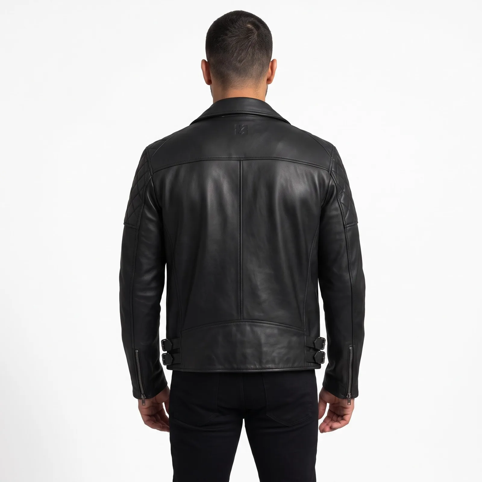 Lambskin Leather Biker Jacket Men Asymmetric Zip Quilted Shoulders Genuine Leather Motorcycle Style Jacket Custom Logo OEM — back view