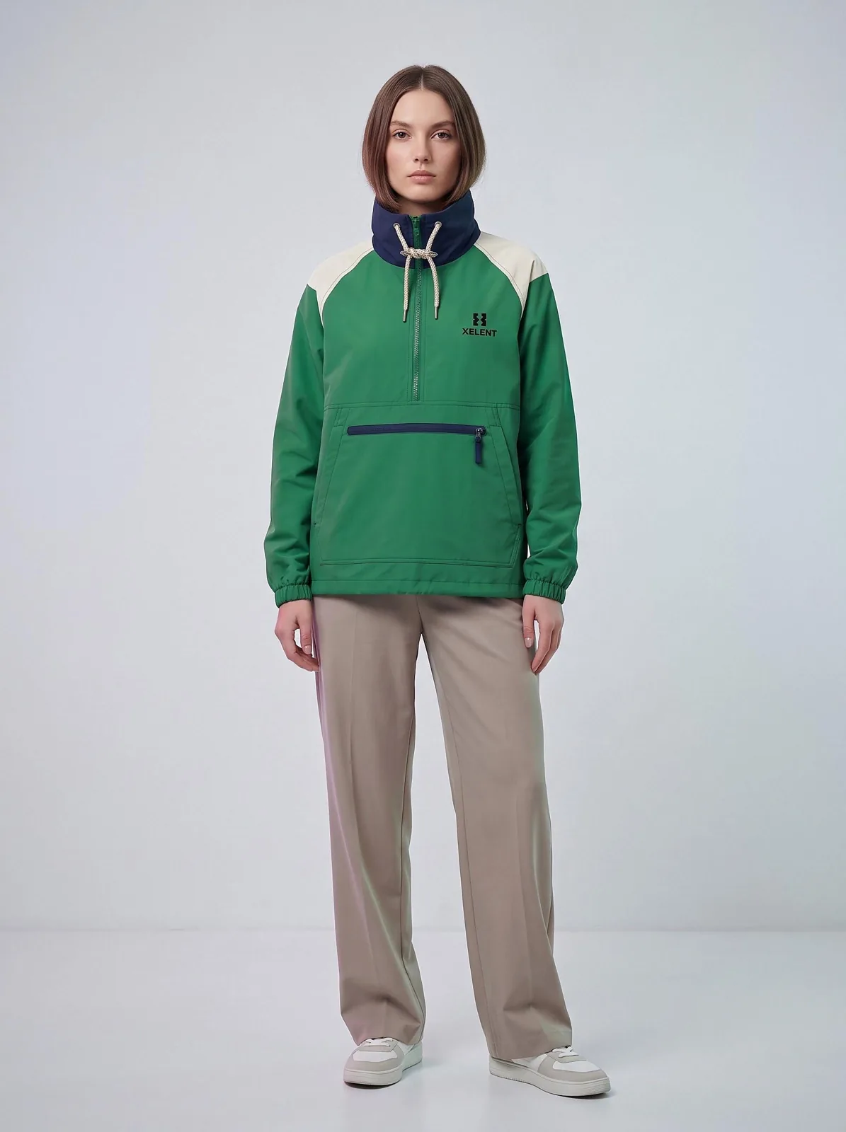 Kelly Green and Off-White Funnel Neck Anorak, Custom Logo OEM Ripstop Anorak, Unisex Streetwear Factory — front view