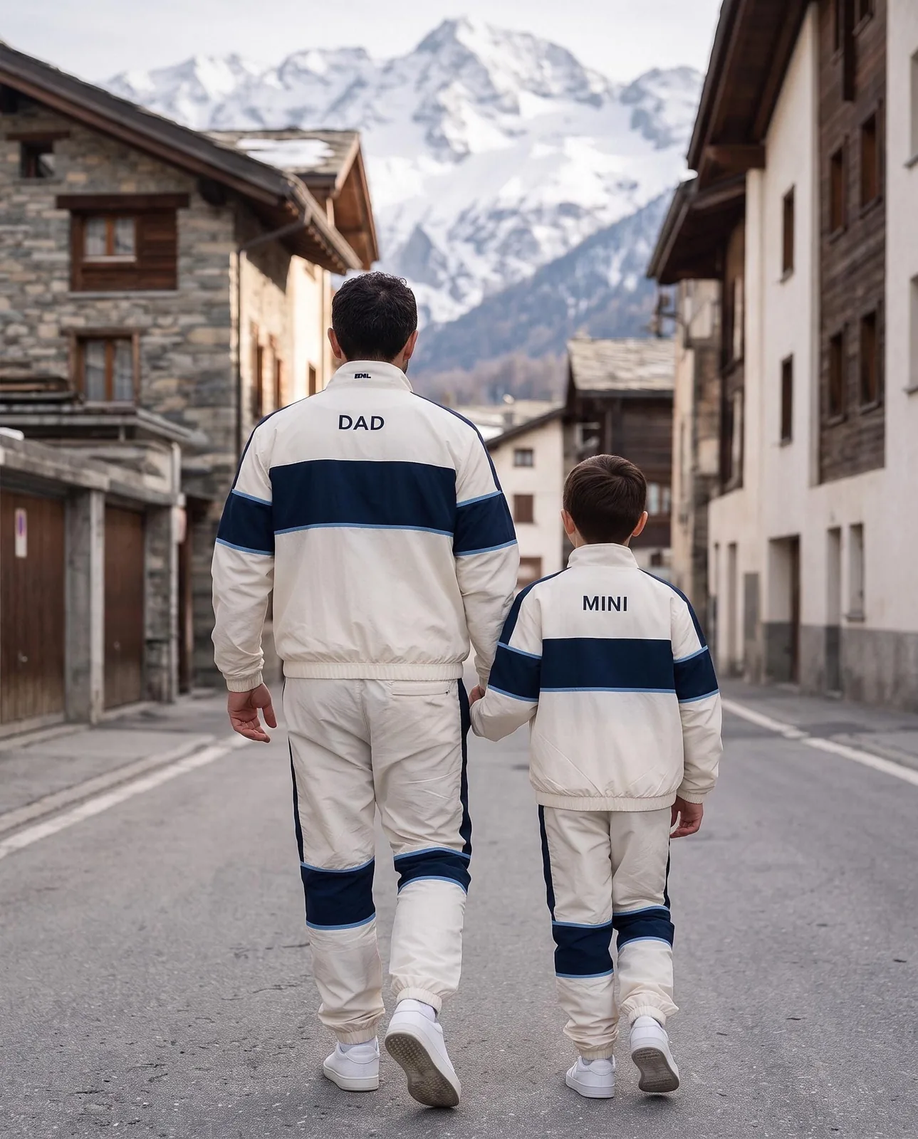 Cream and Navy Father Son Matching Windbreaker Set, Custom OEM Family Matching Tracksuit, Wholesale Manufacturer — back view