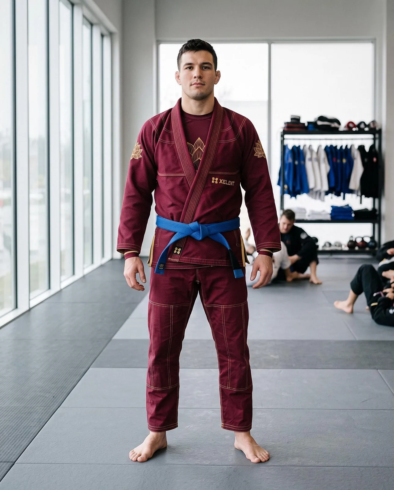 Burgundy Lotus BJJ Gi and No Gi Set, Custom OEM Embroidered Gi plus Sublimated Rashguard and Spats, Wholesale — back view