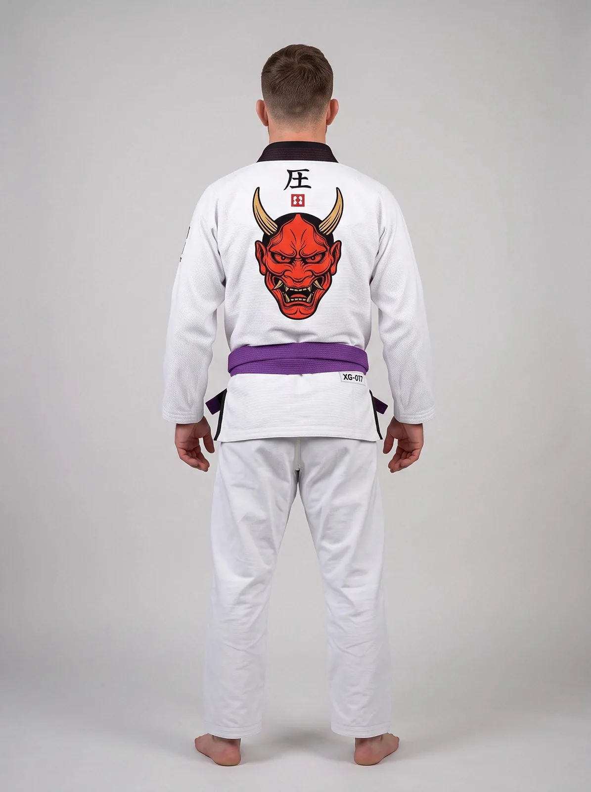 White BJJ Gi, Oni Mask Embroidery, Custom OEM 450 GSM Pearl Weave Jiu Jitsu Kimono, Wholesale Manufacturer — back view
