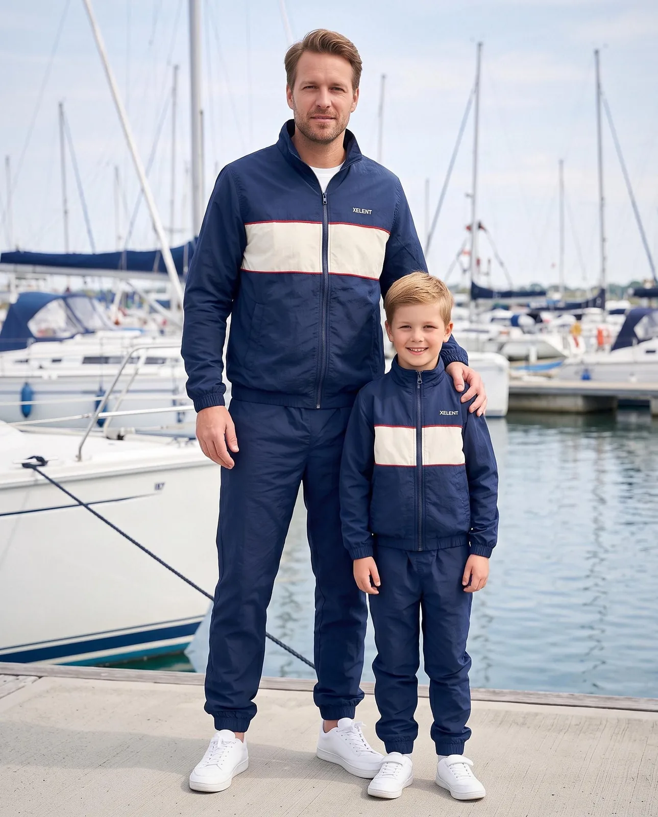 Navy and White Father Son Matching Windbreaker Set, Custom OEM Family Matching Tracksuit, Wholesale Manufacturer — front view