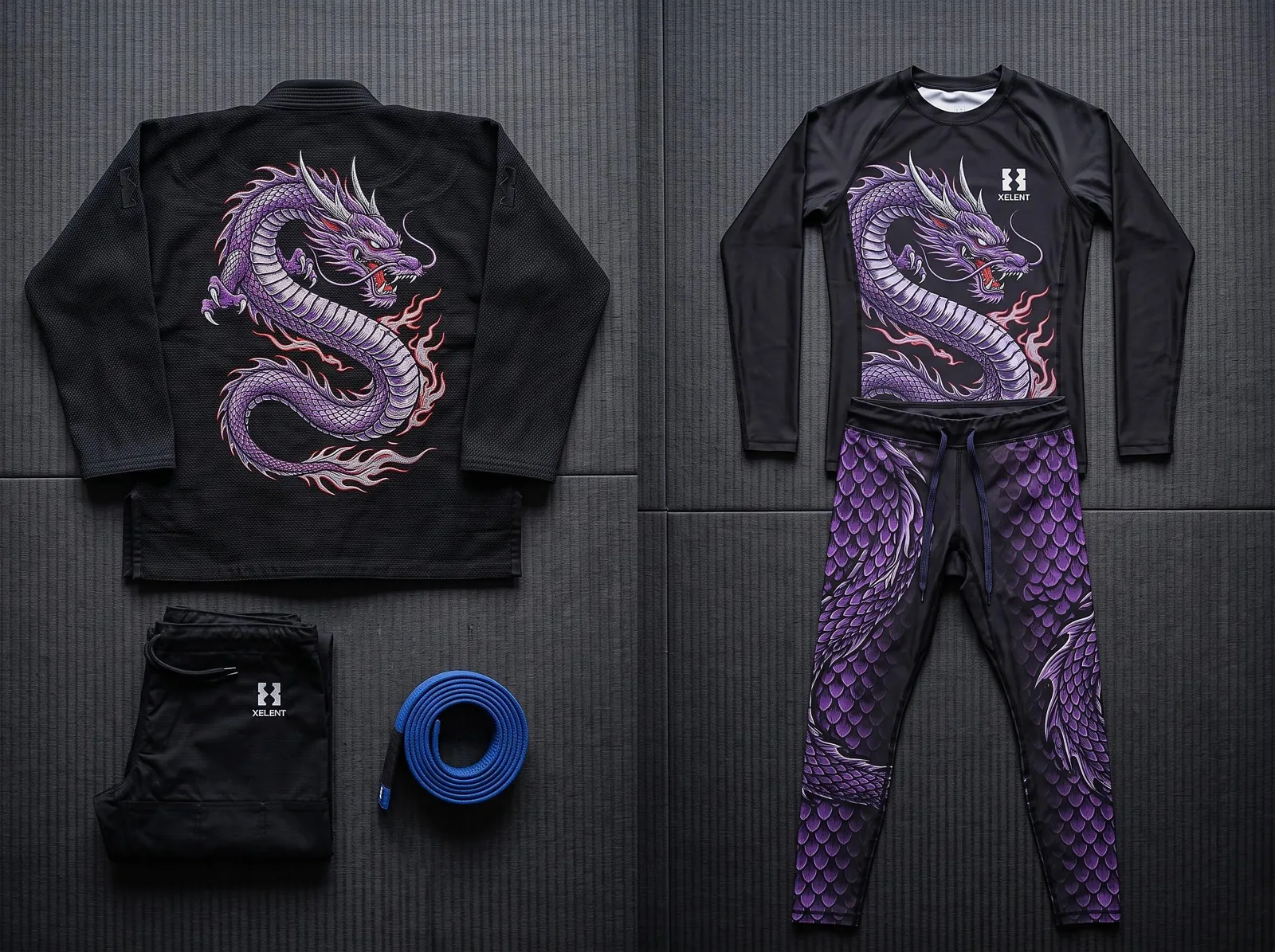 Black Dragon BJJ Gi and No Gi Set, Custom OEM Embroidered Gi plus Sublimated Rashguard and Spats, Wholesale — front view