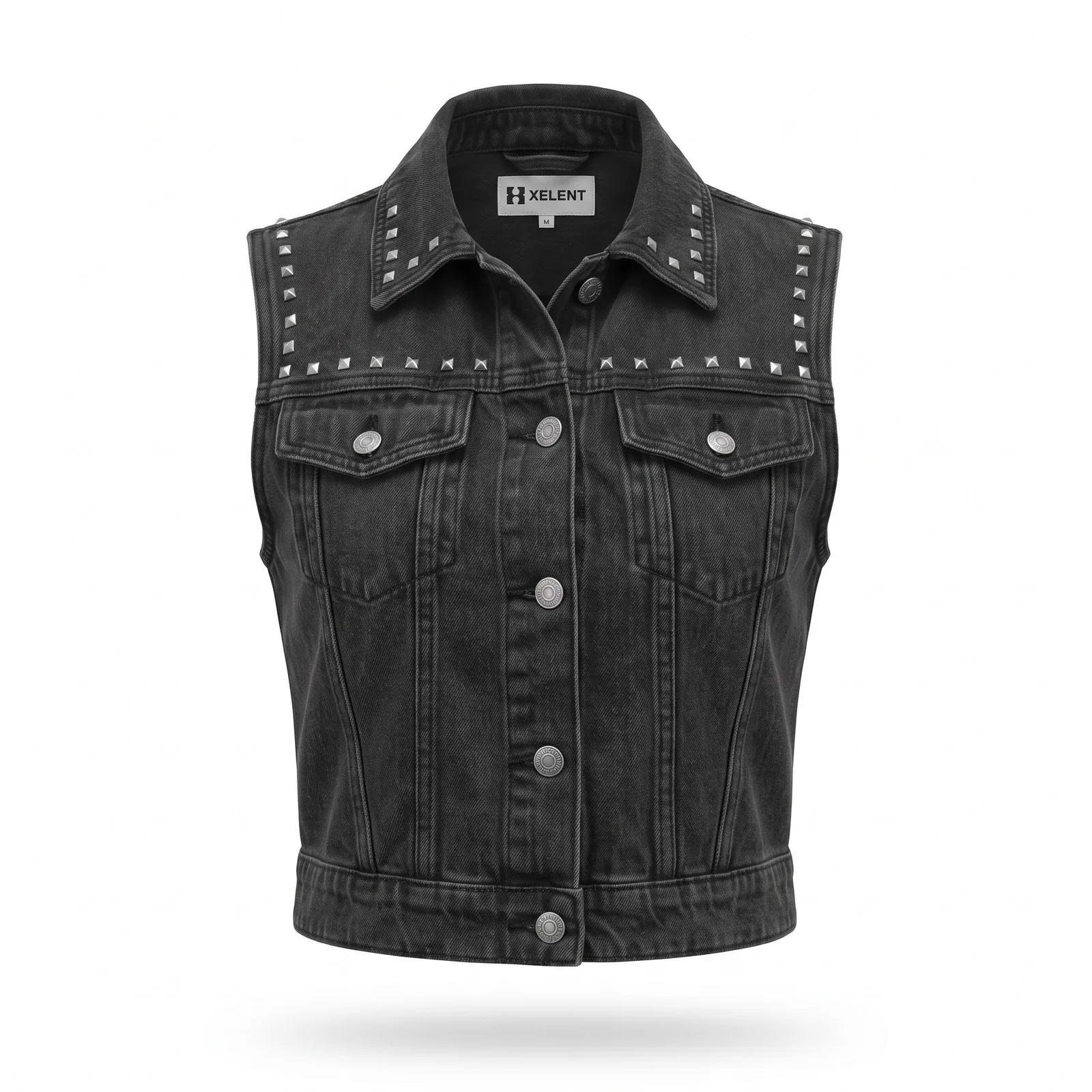 Custom Women Studded Denim Vest Cropped Black Wash 12 oz Pyramid Studs Western Vest OEM Wholesale — front view