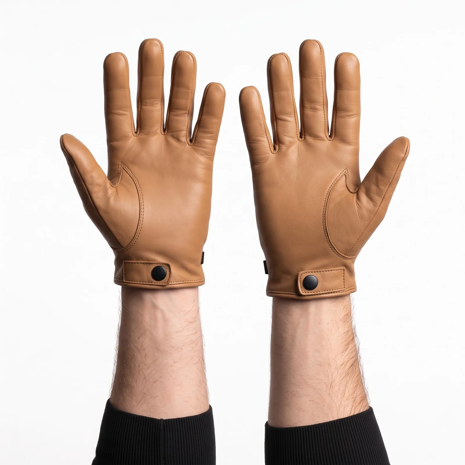 Men Leather Driving Gloves Lambskin Perforated Knuckle Cutout Snap Wrist Unlined Gloves Custom Logo OEM Wholesale — back view