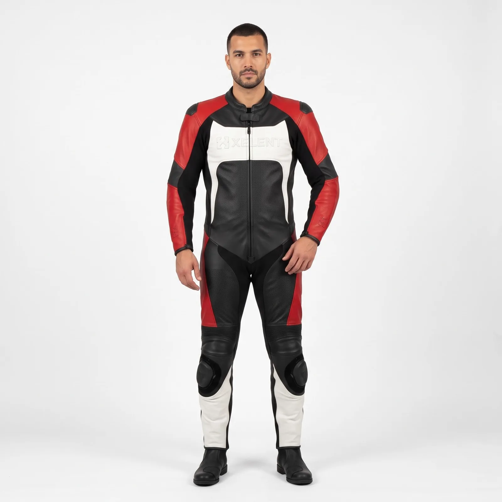 Motorcycle Racing Suit Leather One Piece Cowhide Perforated Panels Aero Hump Track Suit Custom Logo OEM — front view