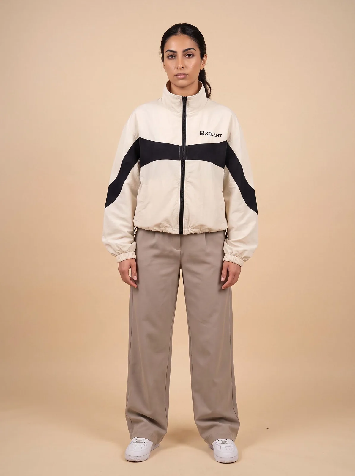 Cream Cropped Track Jacket, Custom OEM Oversized Nylon Jacket, Unisex Streetwear Manufacturer — front view