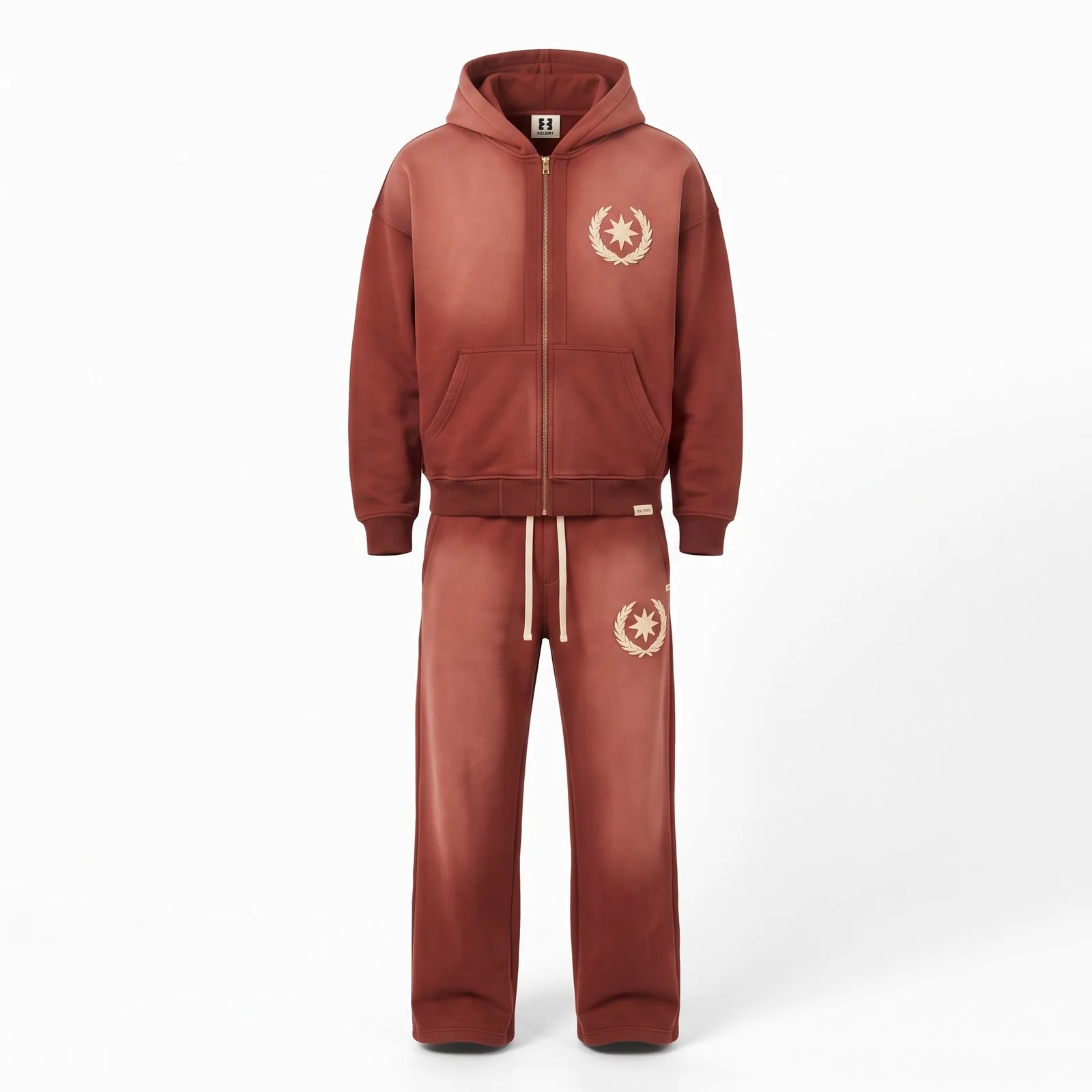 Custom Sun Faded Hoodie and Sweatpants Set 400 GSM Cotton Fleece Chenille Crest Streetwear Sweatsuit OEM Wholesale — front view