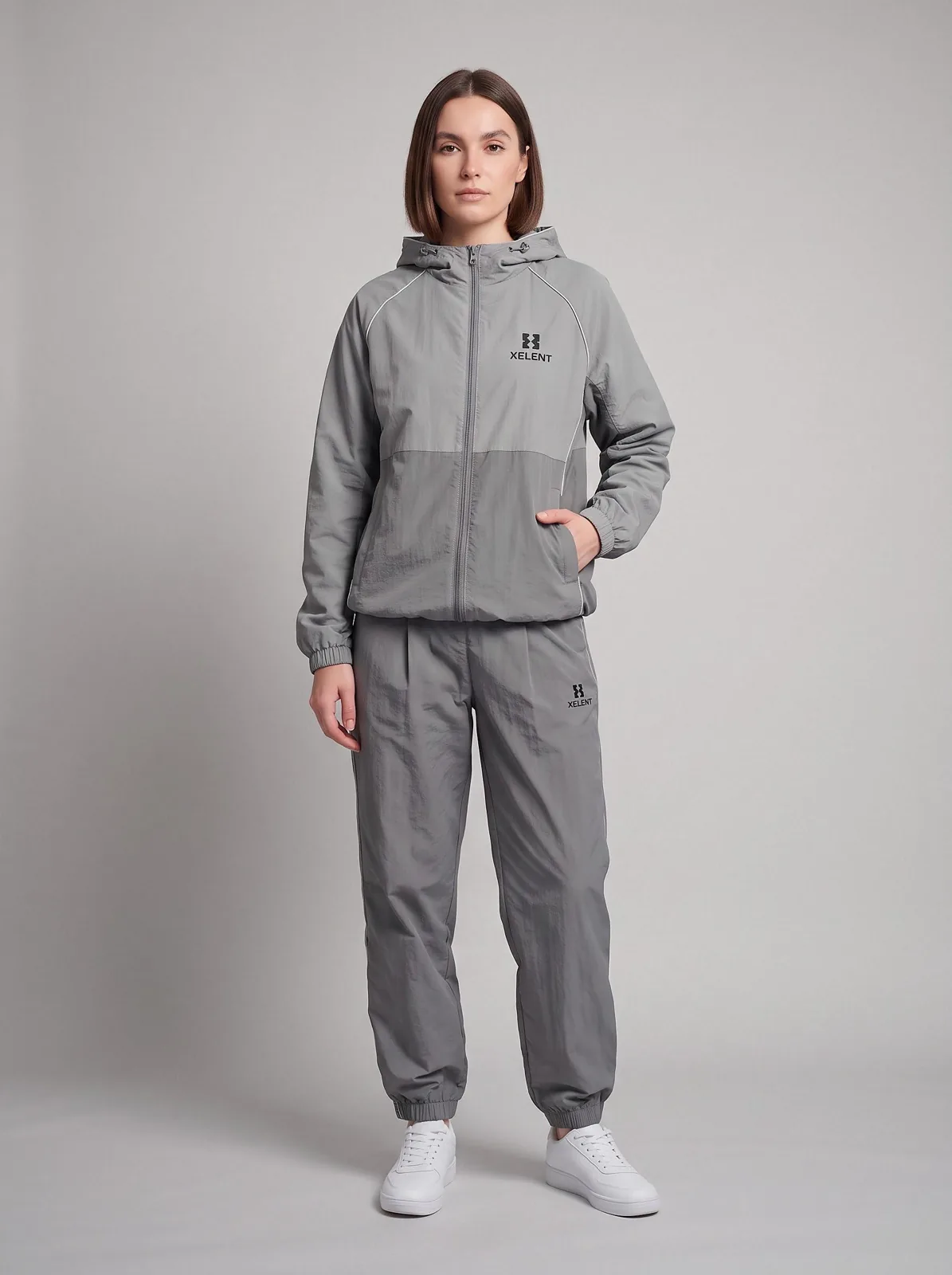 Fog Grey Windbreaker Set, Custom Logo OEM Nylon Jacket and Pants Tracksuit, Unisex Manufacturer — front view
