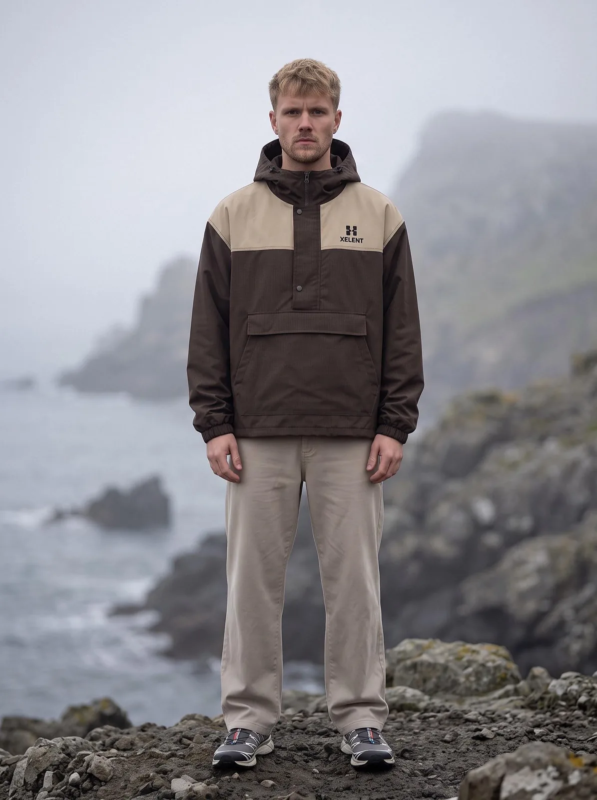 Espresso Brown and Sand Hooded Anorak, Custom Logo OEM Ripstop Anorak, Unisex Streetwear Factory — front view
