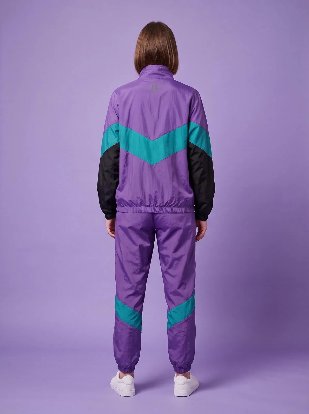 Purple and Teal Windbreaker Set, Custom Logo OEM Nylon Jacket and Pants Tracksuit, Unisex Manufacturer — back view