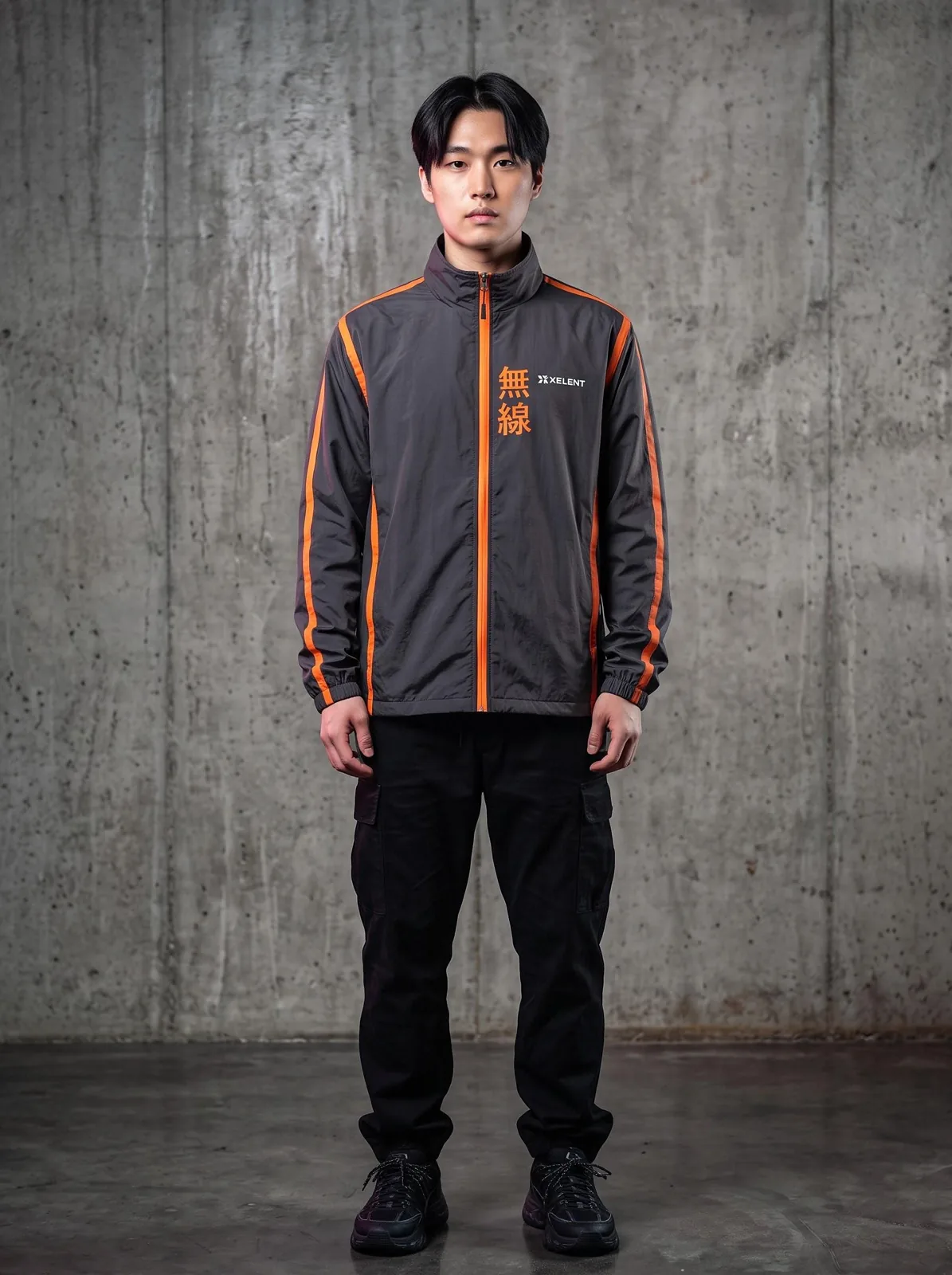 Charcoal Techwear Windbreaker, Hazard Orange Taped Seams, Custom OEM Oversized Nylon Jacket, Unisex Streetwear Manufacturer — front view
