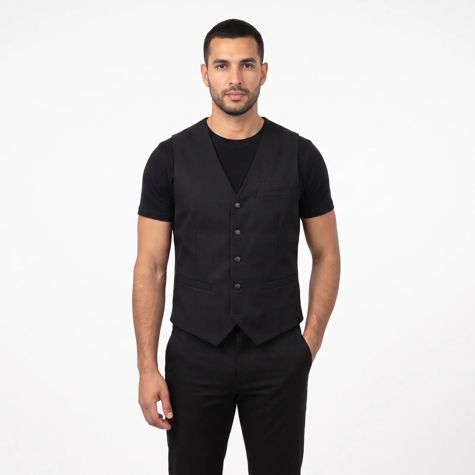 Bartender Vest, Tailored Stretch Twill Cotton Pockets Embroidered Stretch Custom Logo OEM Wholesale — front view