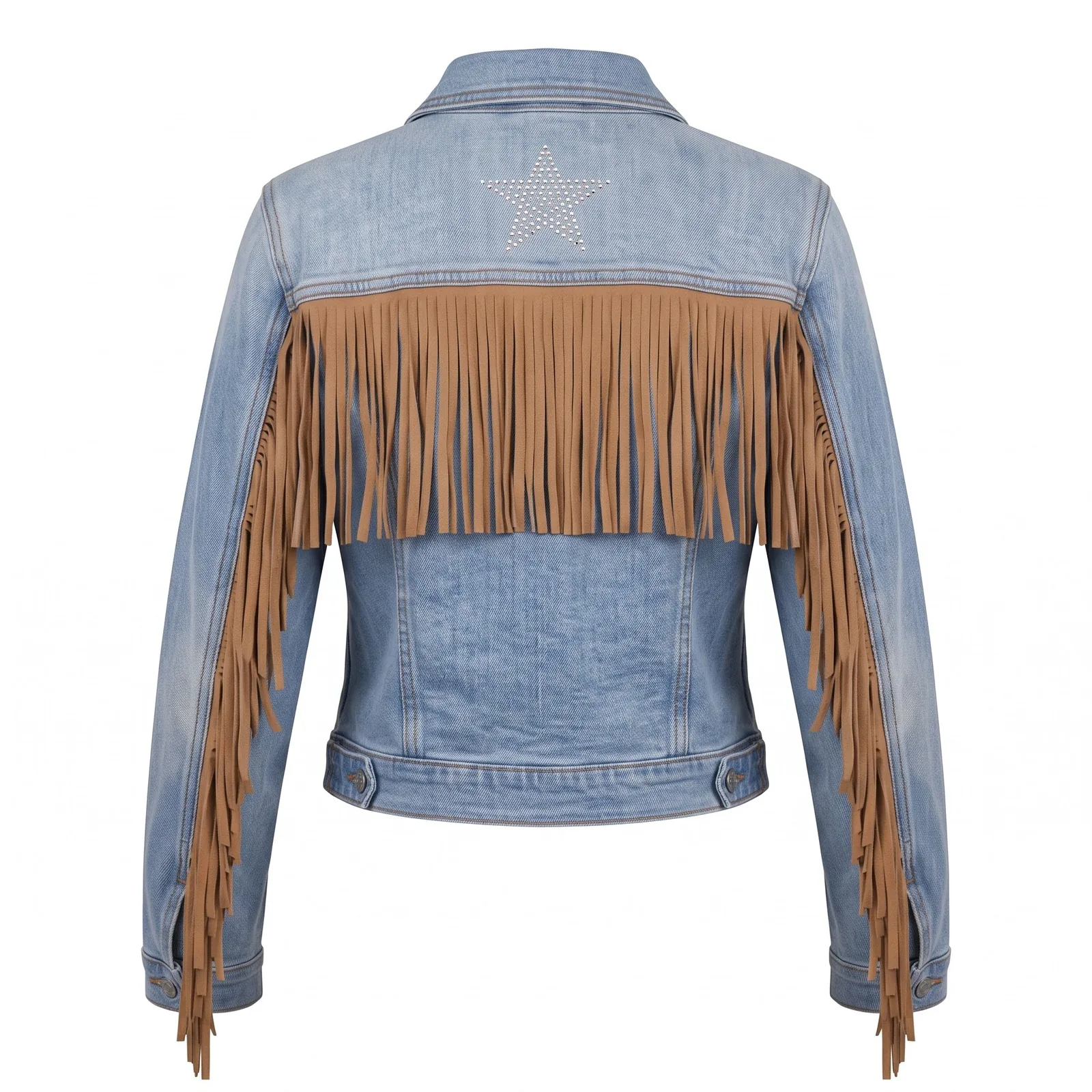 Custom Fringe Denim Jacket Women Cropped Stone Washed Rhinestone Star Western Trucker Jacket OEM Wholesale — back view