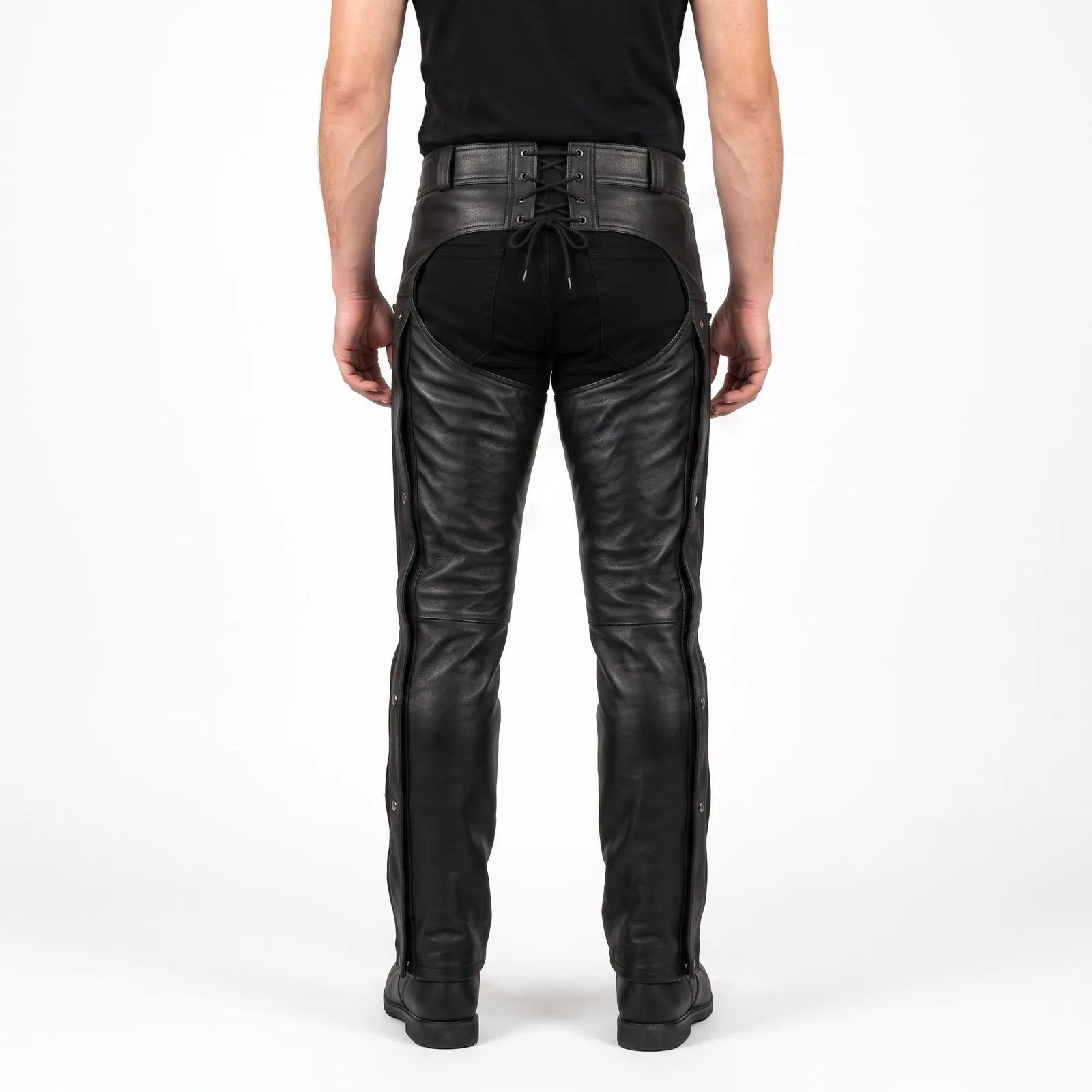 Leather Chaps Motorcycle Cowhide Full Length Leg Zips Lace Up Back Riding Chaps Custom Logo OEM Wholesale — back view