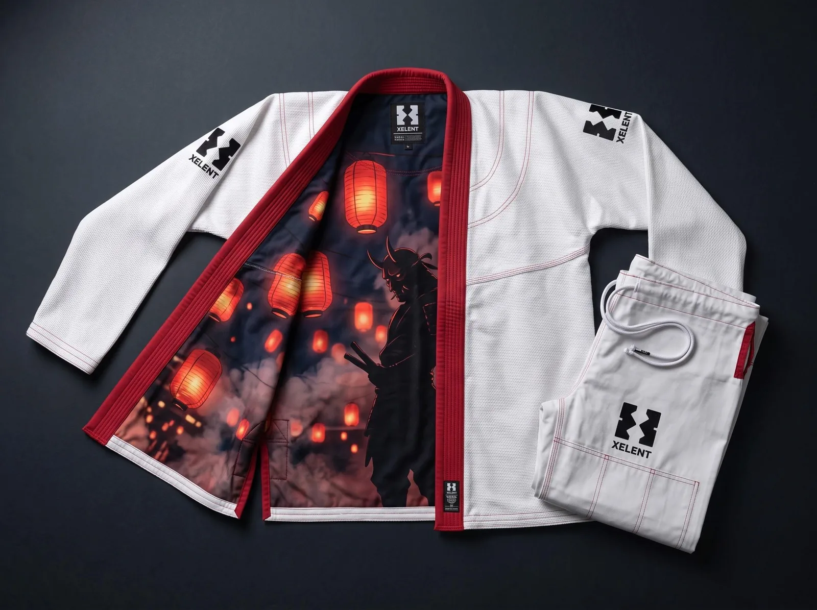 Oni Mask Anime BJJ Gi White, Custom OEM 450 GSM Pearl Weave Jiu Jitsu Kimono, Wholesale Manufacturer — front view