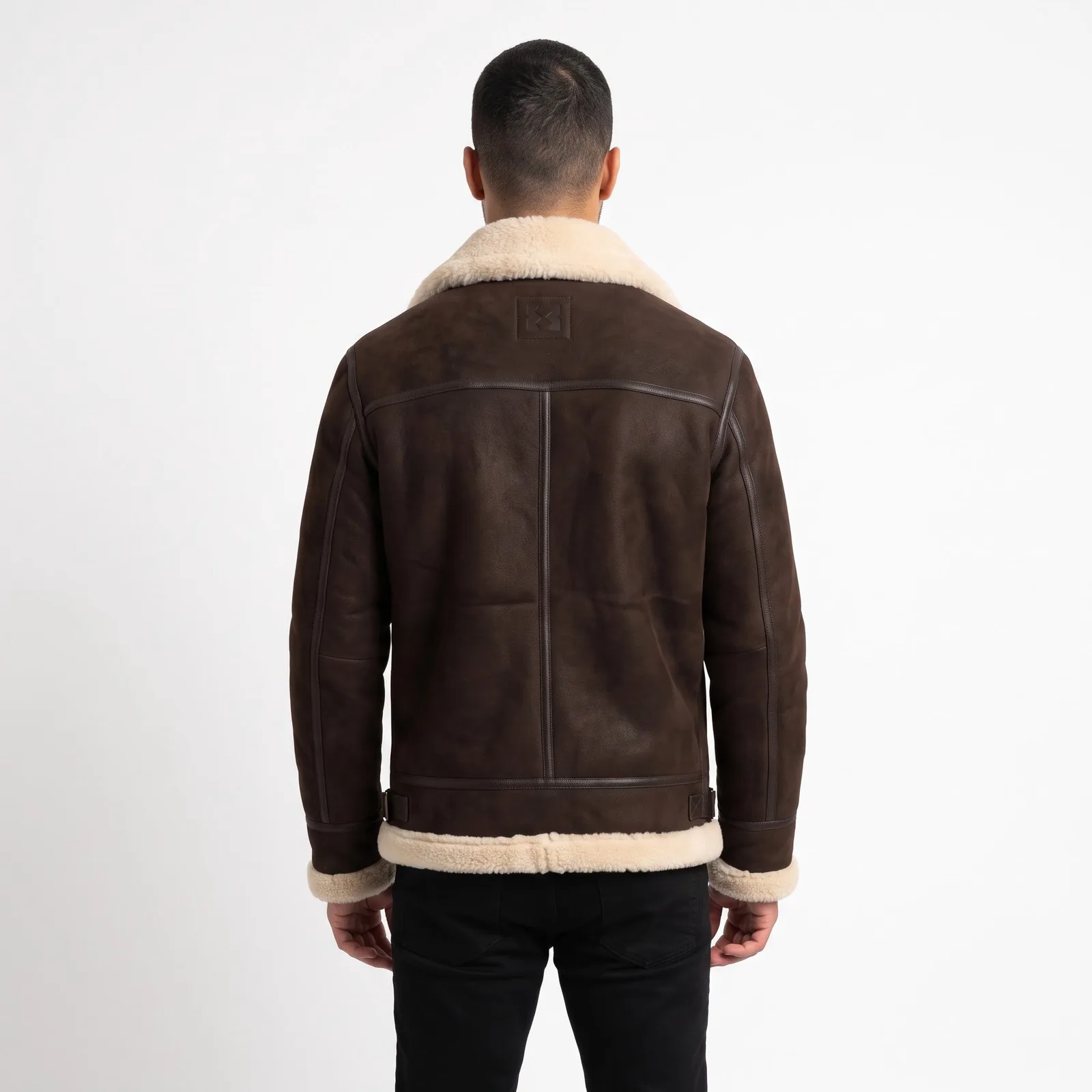 Sheepskin Aviator Jacket Men Genuine Shearling B3 Style Flight Jacket Throat Strap Custom Logo OEM Wholesale — back view