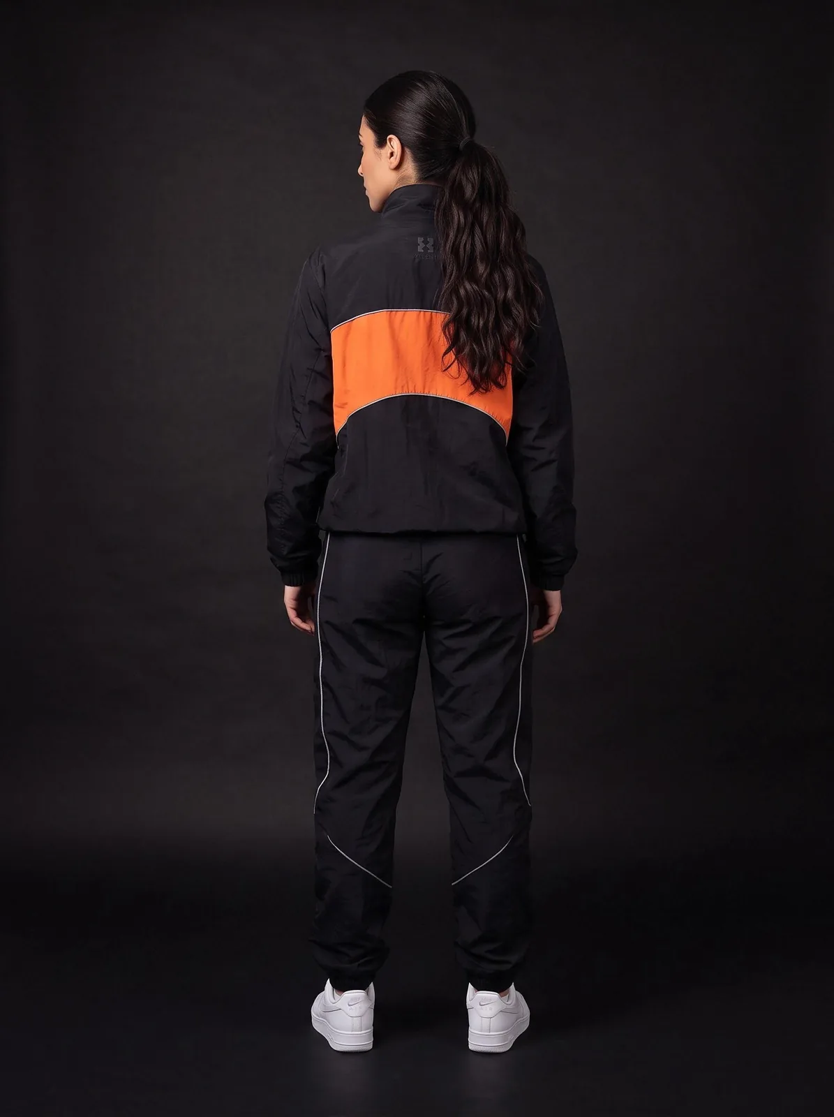 Black and Orange Windbreaker Set, Custom Logo OEM Nylon Jacket and Pants Tracksuit, Unisex Manufacturer — back view