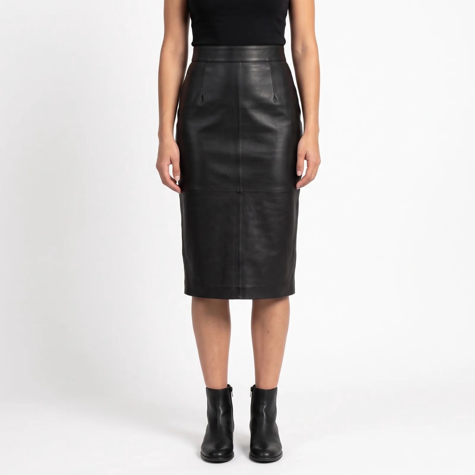Leather Skirt Women Pencil Midi Genuine Lambskin High Waist Back Vent Custom Logo OEM Wholesale — front view