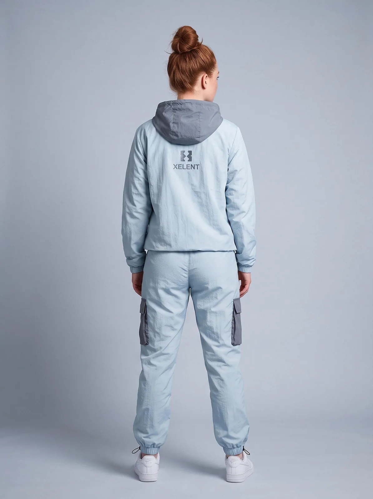 Ice Blue Windbreaker Set, Custom Logo OEM Nylon Jacket and Pants Tracksuit, Unisex Manufacturer — back view