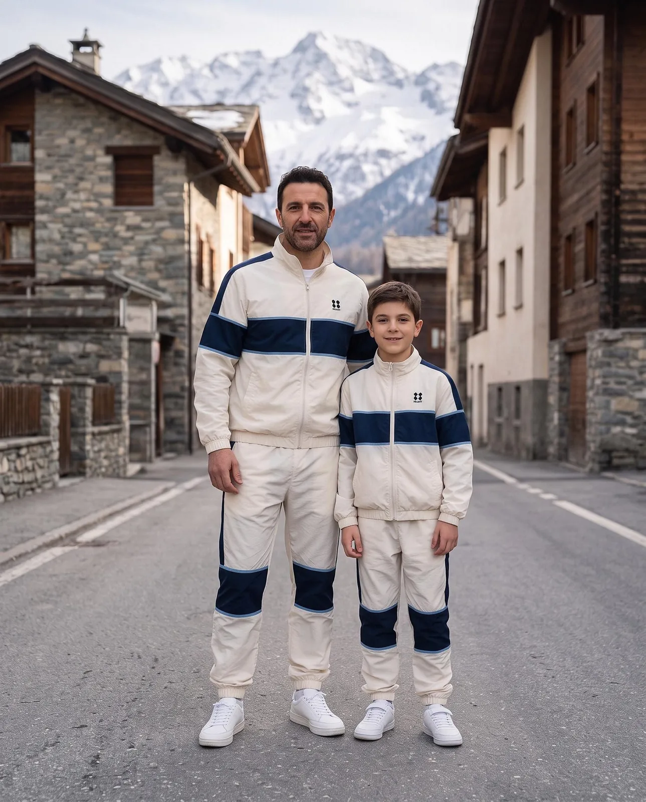 Cream and Navy Father Son Matching Windbreaker Set, Custom OEM Family Matching Tracksuit, Wholesale Manufacturer — front view