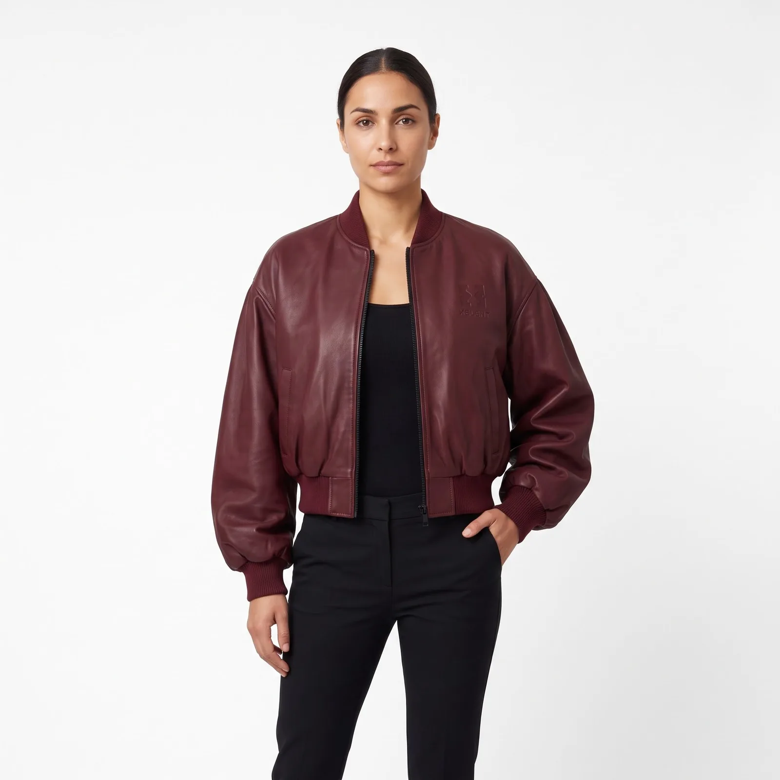 Women Cropped Leather Bomber Jacket Balloon Sleeve Lambskin Rib Hem Genuine Leather Jacket Custom Logo OEM — front view