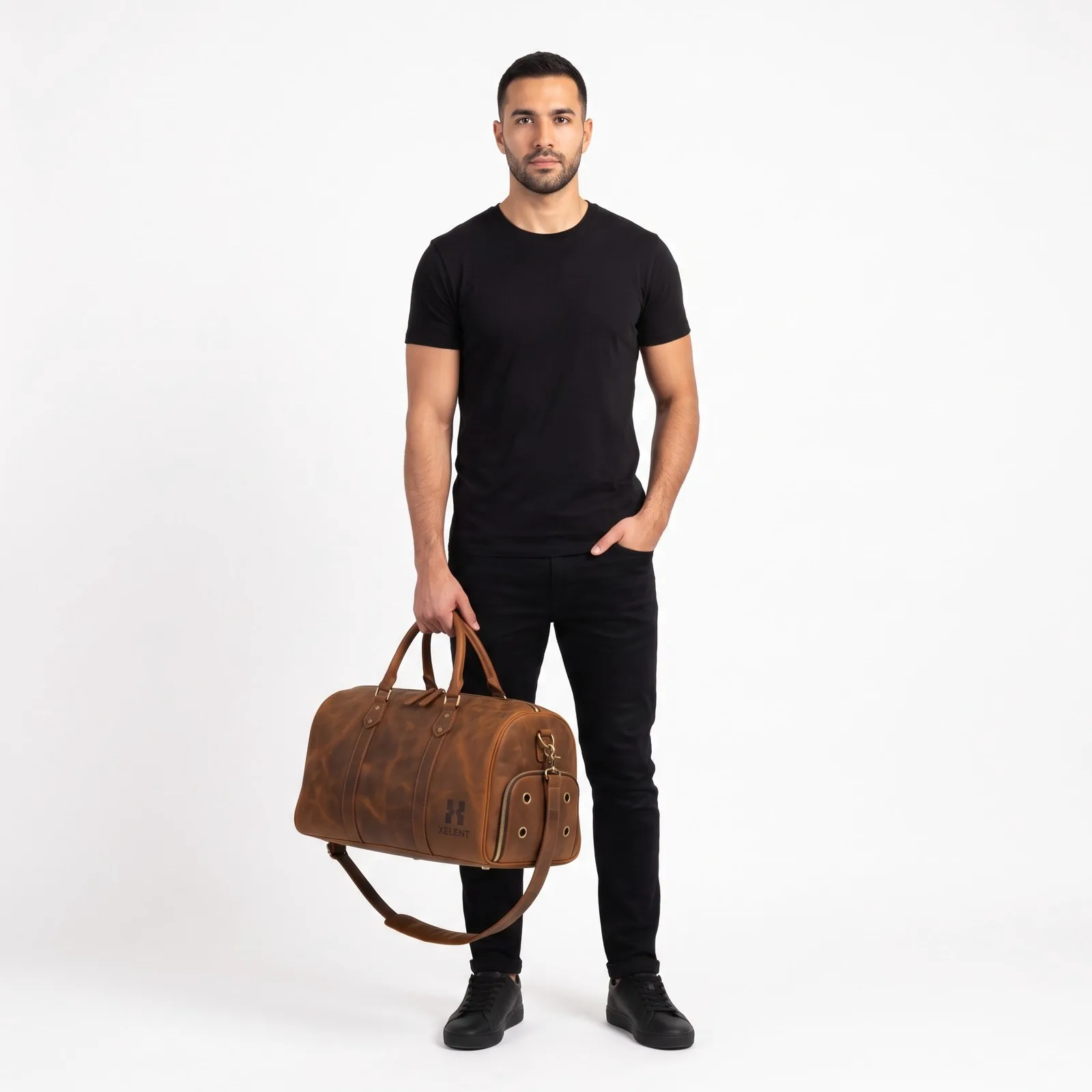 Crazy-Horse Leather Weekender Duffel Cowhide Leather Zip Pockets Lined Custom Logo OEM Wholesale — front view