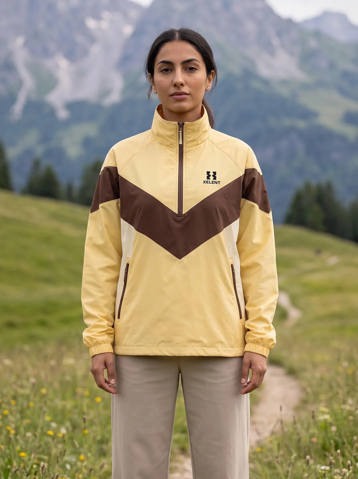 Butter Yellow and Chocolate Brown Funnel Neck Anorak, Custom Logo OEM Ripstop Anorak, Unisex Streetwear Factory — front view