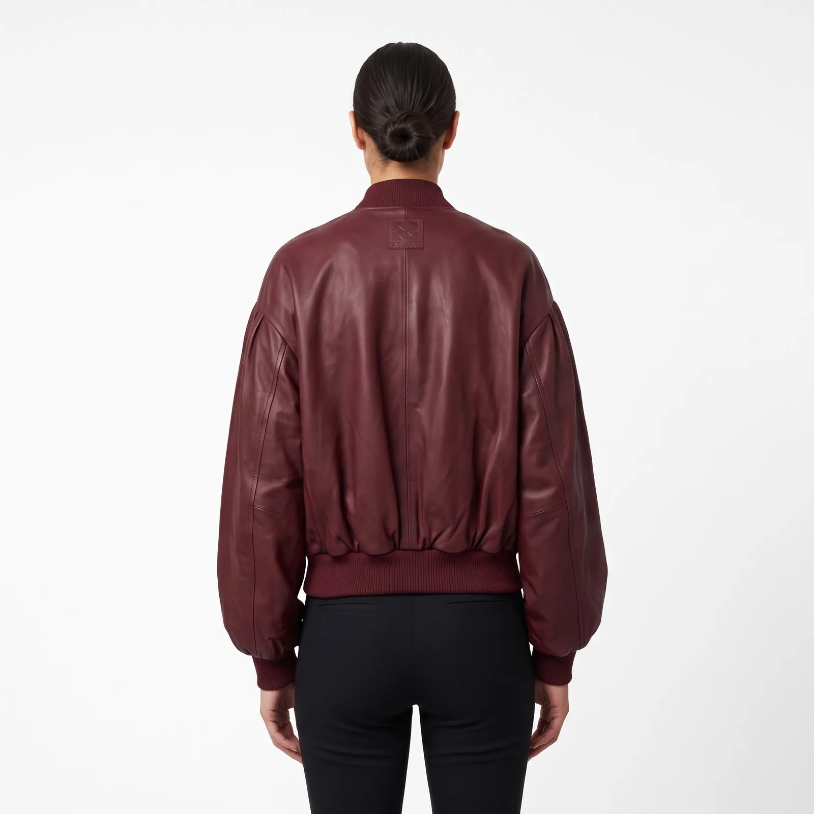 Women Cropped Leather Bomber Jacket Balloon Sleeve Lambskin Rib Hem Genuine Leather Jacket Custom Logo OEM — back view